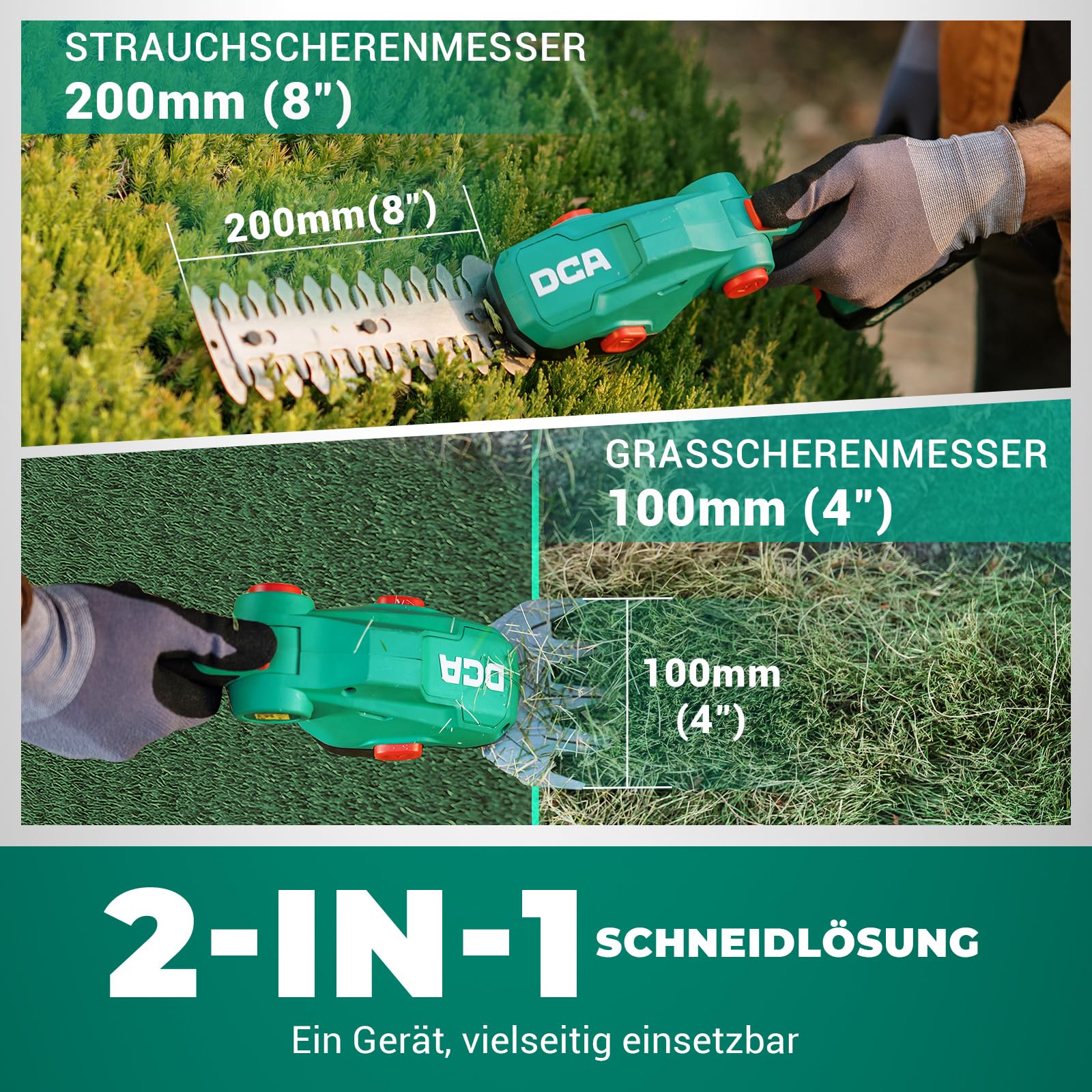 DCA 20V Akku Grasschere und Strauchschere 2-in-1 Rasenkantenschneider | 100mm Grasscherenblatt & 200mm Heckenscherenblatt, 2.0Ah Akku, 3-fach verstellbarer Schneidwinkel