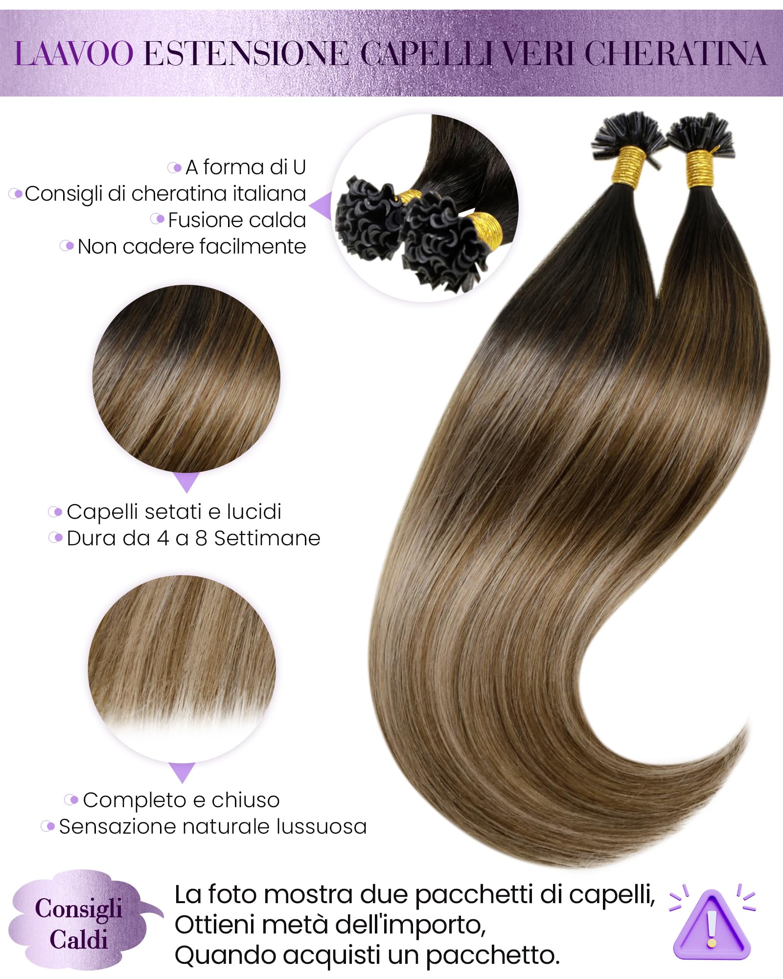 Totale 100g Extension Capelli Veri Cheratina Castano Scuro con Castano Scuro fino a Castano e Biondo Sporco 50cm