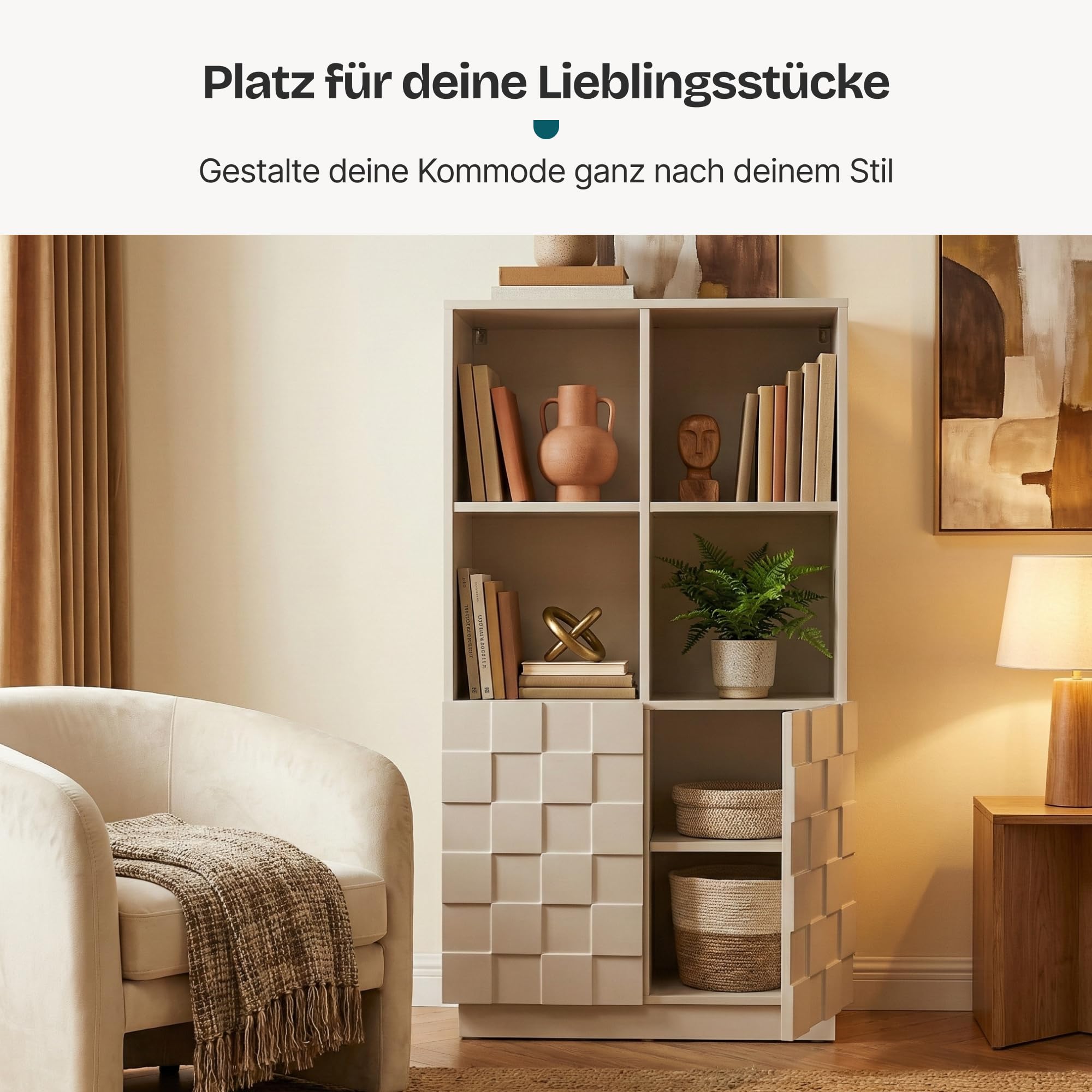 [en.casa] Highboard Wohnzimmer Bopibobro Hochschrank mit 2 Türen 3D-Front Büroschrank 4 Fächer 118 x 64 x 30 cm Kommode Beige