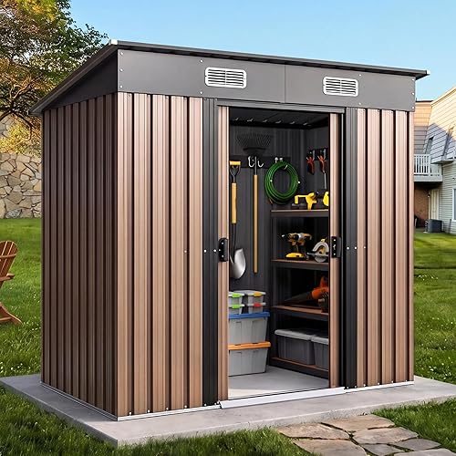 6X4FT Outdoor Storage Shed, Metal Garden Tool Shed with Lockable Doors and Sloping Roof, Waterproof Steel Utility Shed for Backyard, Patio, Lawn & Poolside, Includes Air Vents for Ventilation