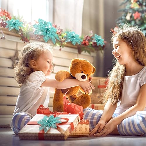 Vista 7 de 24 piezas de adorno de árbol de Navidad de Nochebuena con brillantina. Adorno de decoración de flores de Navidad. 3, 4 y 6 pulgadas / 7.62, 10.16