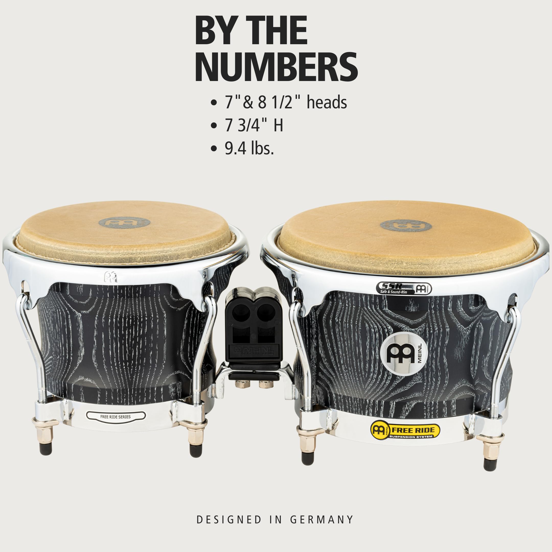Bongos profesionales Meinl con cáscaras de ceniza blanca americana y herrajes cromados, acabado negro vintage – no fabricado en China – sistema de suspensión de paseo (WB400VBK-M)