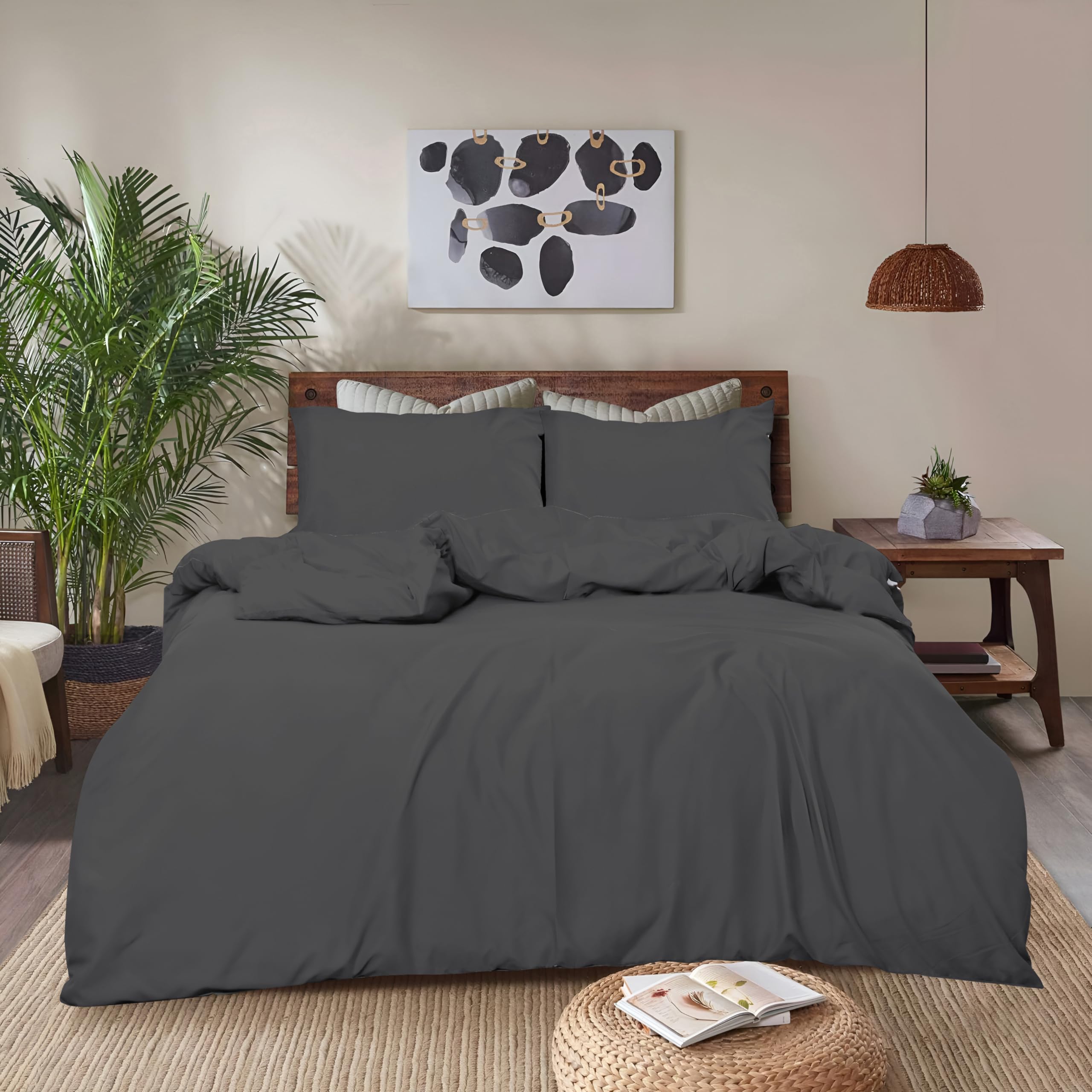 REHAN & CO Duvet Cover Sets – Soft Brushed Microfiber Bedding – Plain Quilt Cover With Pillow Cases (Dark Grey - Super King)