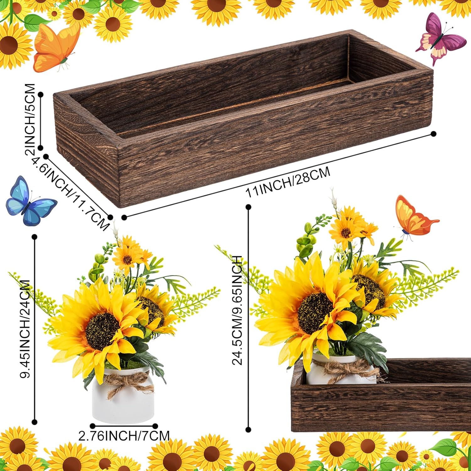 AceOrbit 3 Pcs Artificial Sunflower Potted Plants with Wood Tray Farmhouse Faux Sunflowers for Kitchen Table Centerpieces Fake Yellow Flowers in Rustic Pots for Dining Home Bathroom Wedding