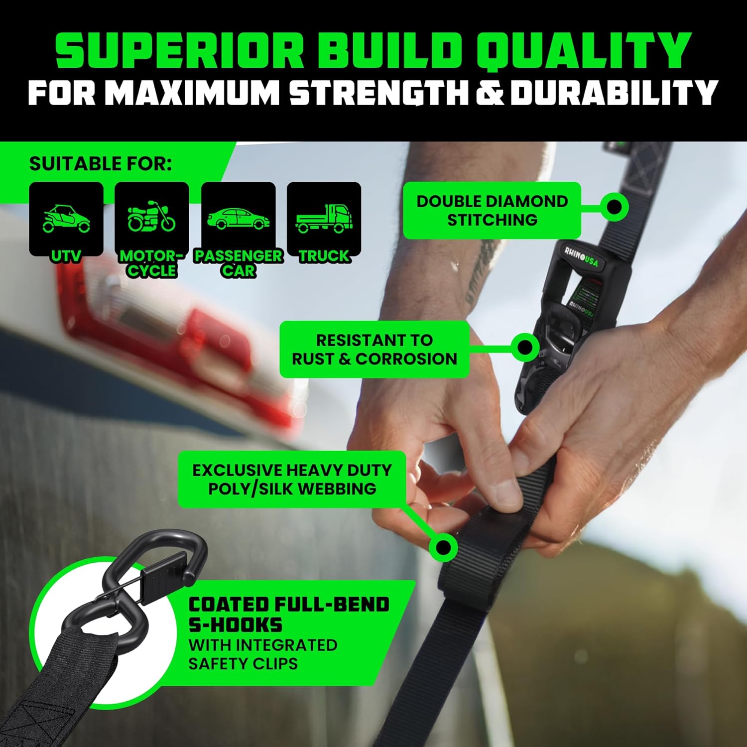 RHINO USA Ratchet Straps Tie Down Kit, 5,208 Break Strength - Includes Heavy Duty Rachet Tiedowns with Padded Handles & Coated Chromoly S Hooks + Soft Loop Tie-Downs - Image 3