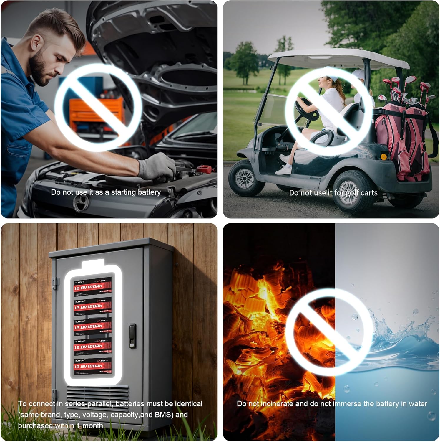 Illustrations of incorrect battery usage including not for engine starting, golf carts, incineration, or immersion in water.