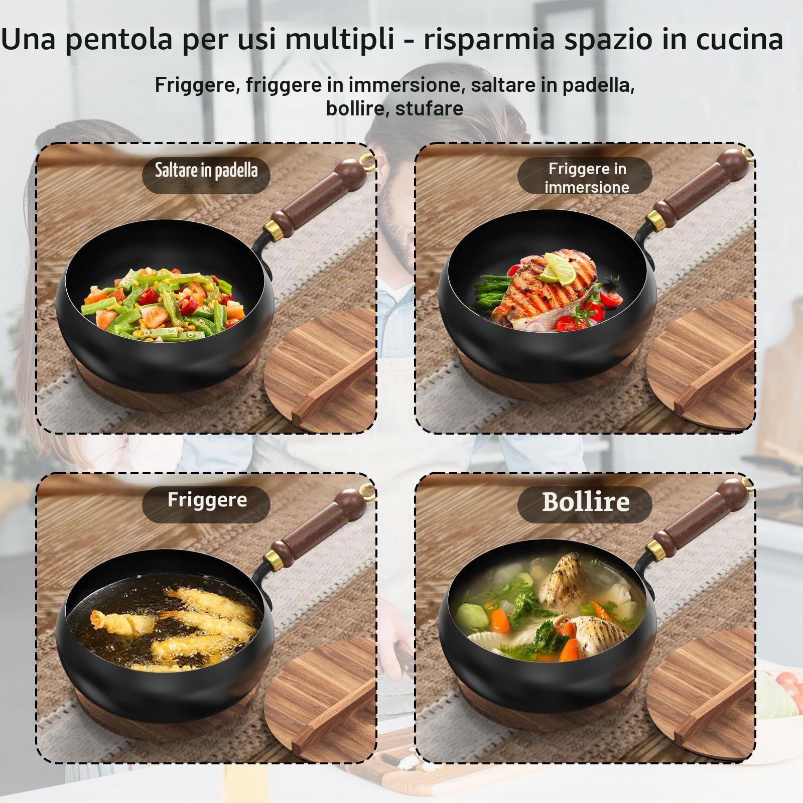 Padella Giapponese in Ferro Forgiato a Mano 24cm, Ferro Puro, Senza Rivestimento & Antiaderente Naturale, con Coperchio in Legno e Spatola, Adatta per Induzione, Gas ed Elettrico