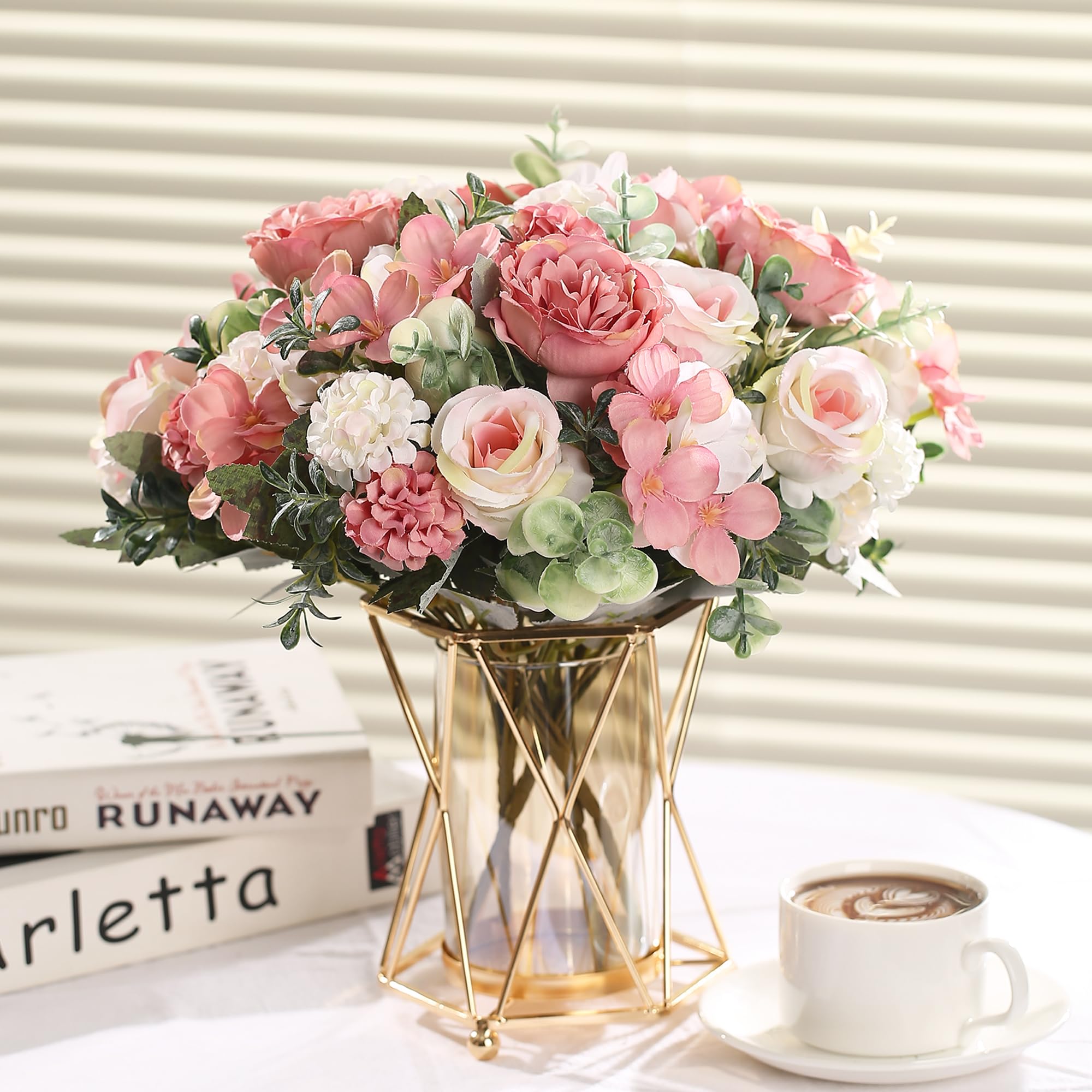 HNVNER 2 Ramo de Flores Artificiales Decoracion, Flor Falsa Peonía Seda Artificial Rosas Hydrangea Flower para Bodas, Hogar, Hotel, Decoración de Fiestas, Centros de Mesa (Rosa)