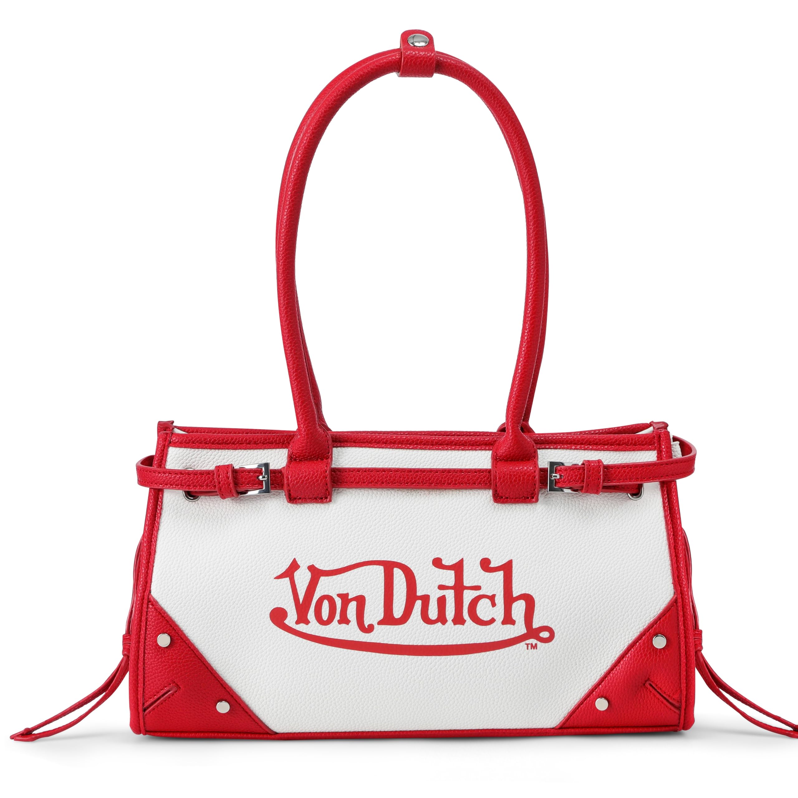 Von Dutch Lane Shoulder Bag | 12.75” Two-Tone Vegan Leather & Denim Handbag with Logo Detail, Long Handles & Branded Lining(White)