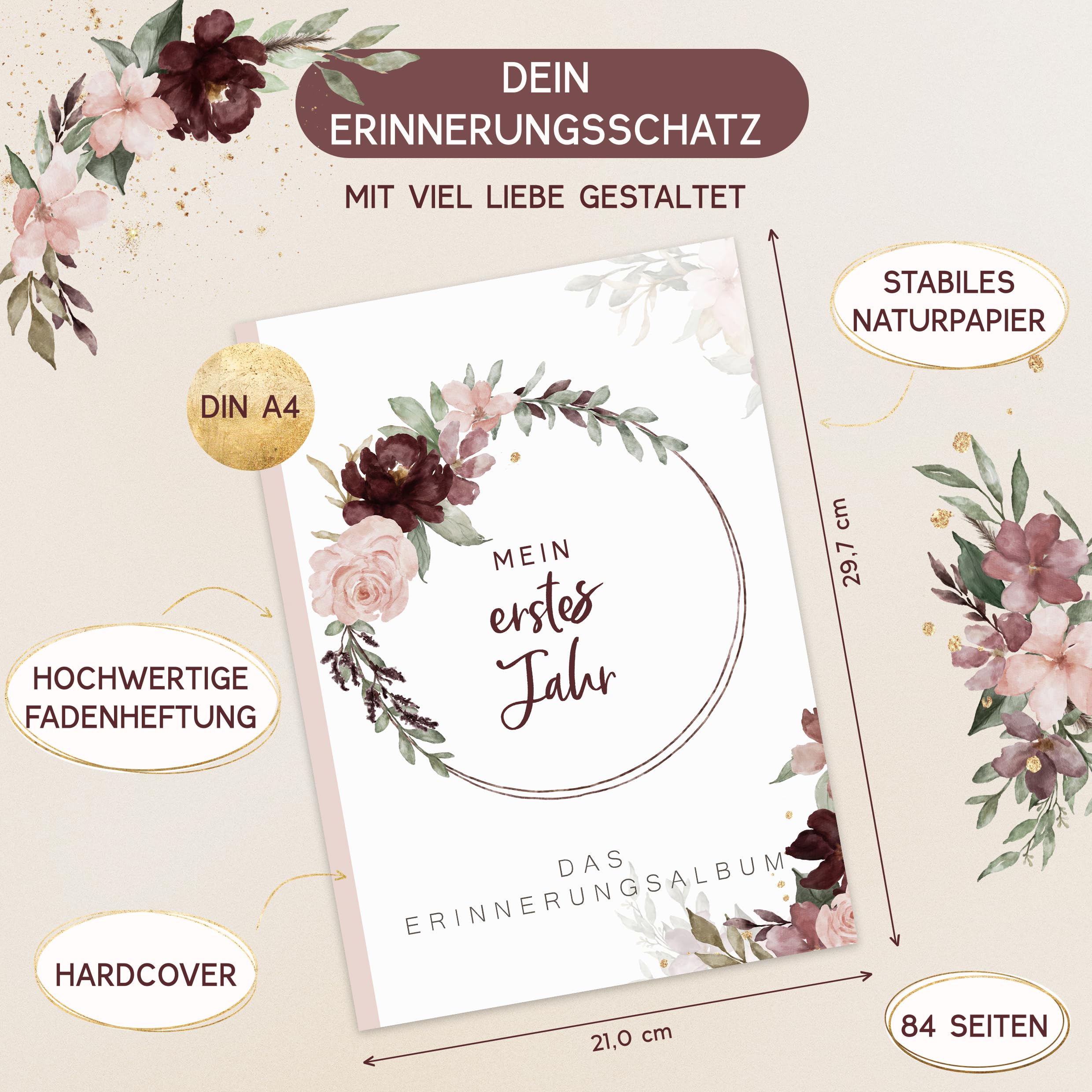 HIMMEL.HERZ.PAPIER My First Year Baby Album, Memory Book Baby Diary, DIN A4, Gift for Girls and Boys for Birth Photo Album - Image 2