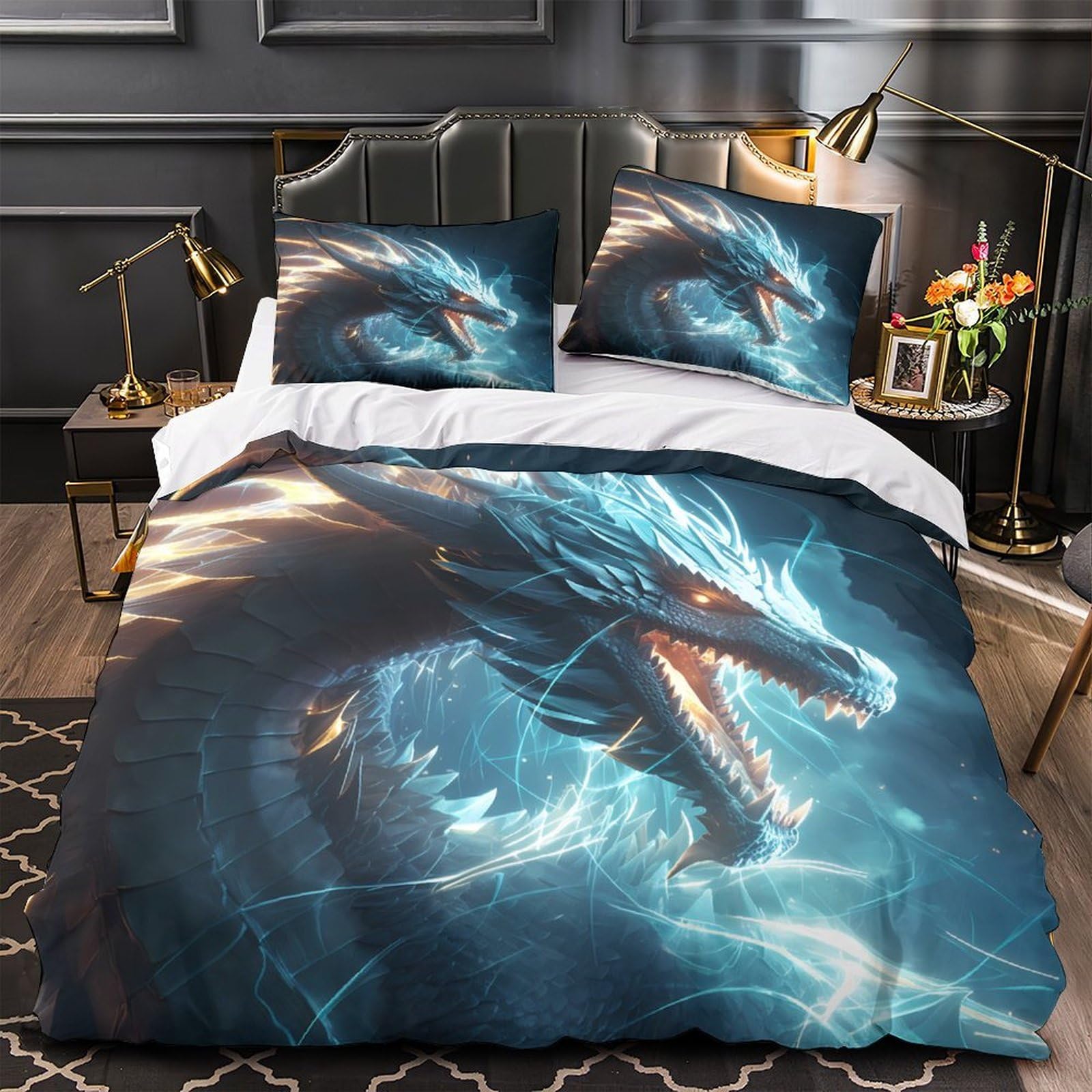 Housse de couette dragon 3D 200x200 microfibre avec 2 taies d'oreiller