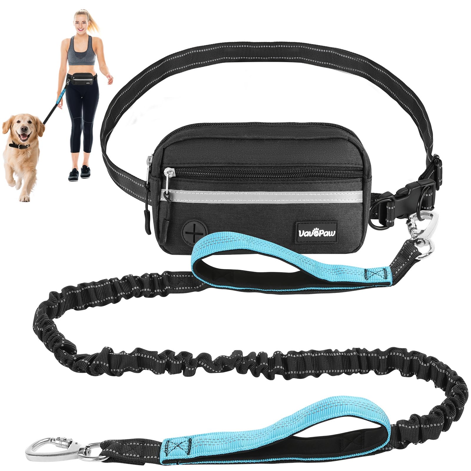 Hands Free Dog Leash with Pouch, Waist Leash for Dog Walking, Jogging, Hiking, Retractable Leashes with Dual Padded Handles, Adjustable Reflective Belt for Small, Medium, Large Dogs