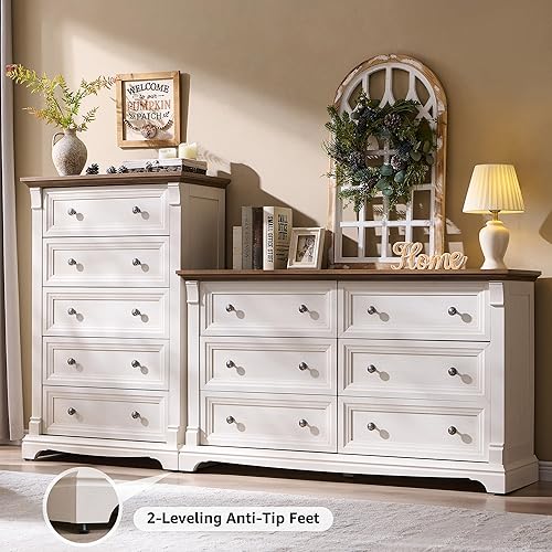 Miniatura 3 de Cómoda de granja con 6 cajones para dormitorio, cómoda grande de 54 pulgadas de ancho con columna romana, soporte de TV de madera con cajones