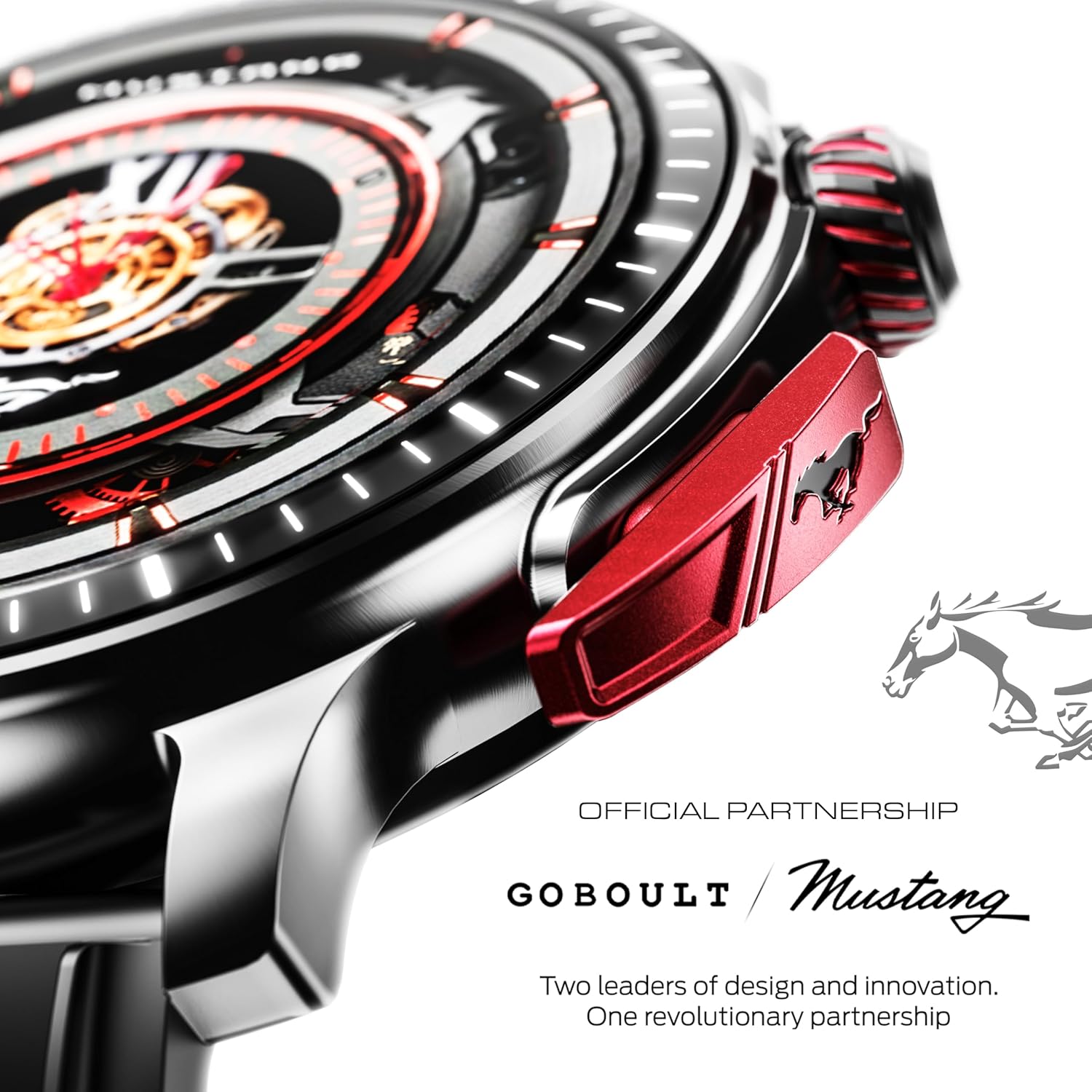 Close-up of the GOBOULT Mustang Racer Smart Watch showing the side profile with the red paddle shifter and rotating crown.