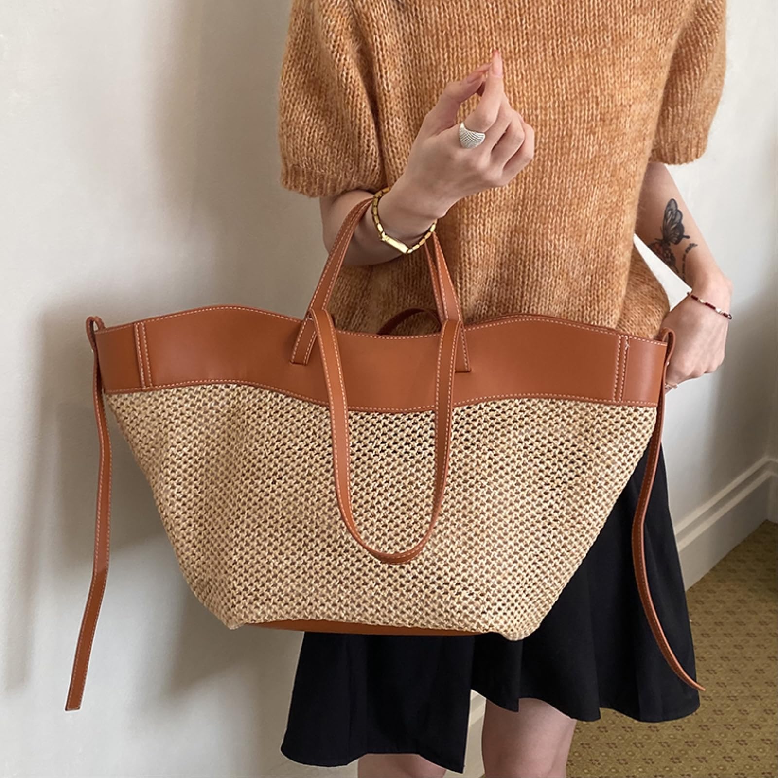 Borsa Spalla Paglia A in Rete Tessuta Impilata con Cinturine Doppia Maniglia per Passeggiate sul Mare Mercato di Acquisto Stoccaggio Giornaliero All'aperto-Large Brown-Large(Max Length>50cm)