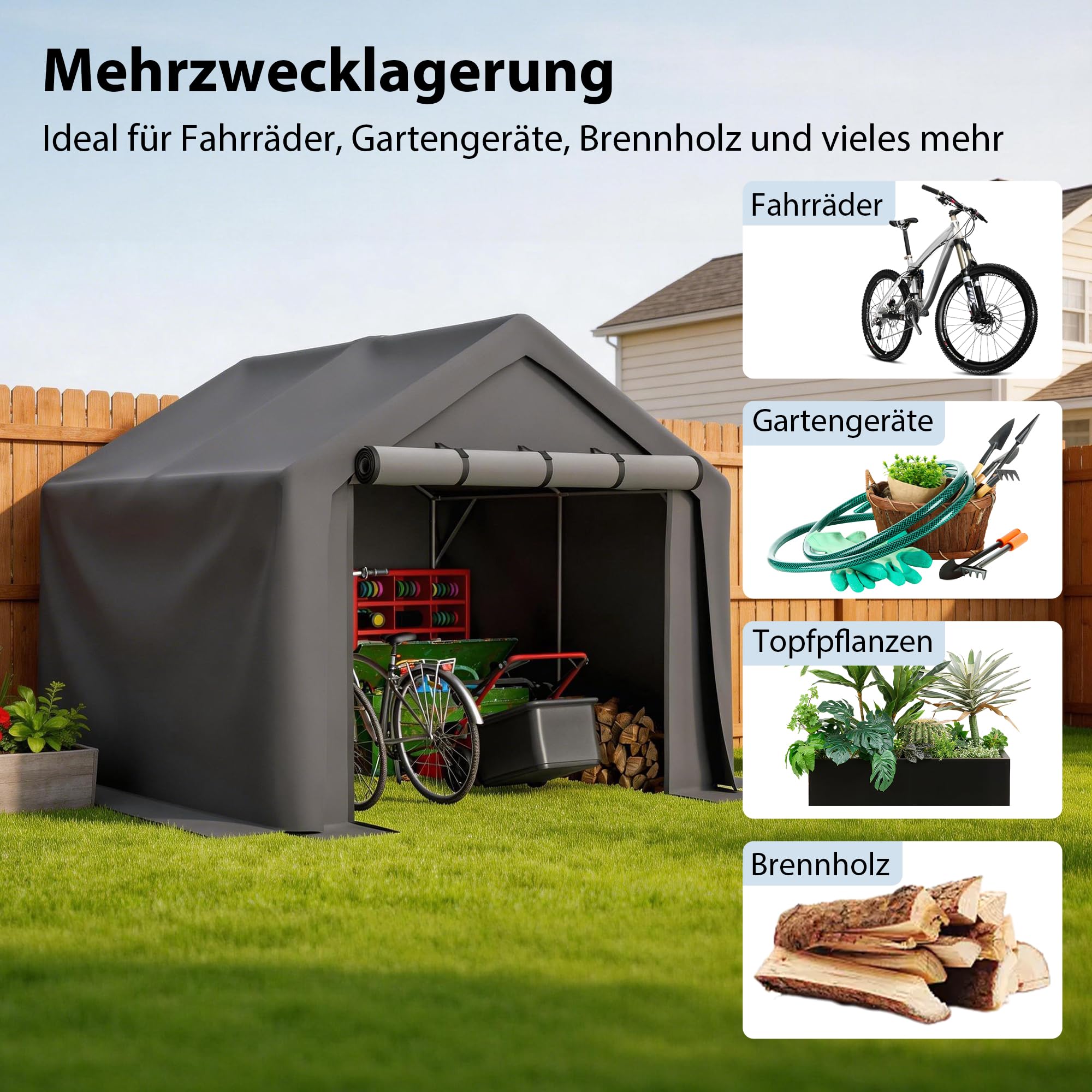 Thanaddo Fahrradgarage Zeltgarage Lagerzelt für 3-6 Fahrräder, Winterfest Geräteschuppen Carport mit UV-Schutz PE-Dach, Fahrradschuppen Motorrad Garage 244x240x220cm, Dunkelgrau