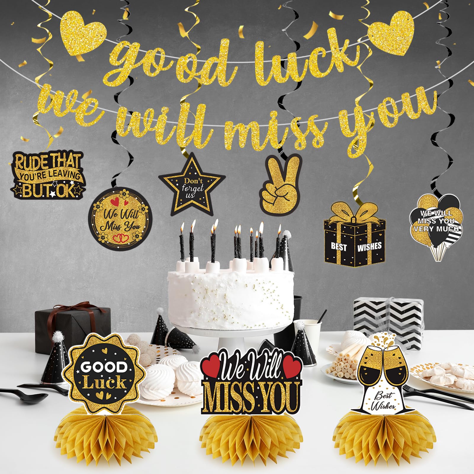 Uiorgui Decoraciones de fiesta de despedida, decoración de despedida con texto en inglés "Good Luck We Will Miss You", decoración de despedida para fiestas, centros de mesa, remolinos colgantes