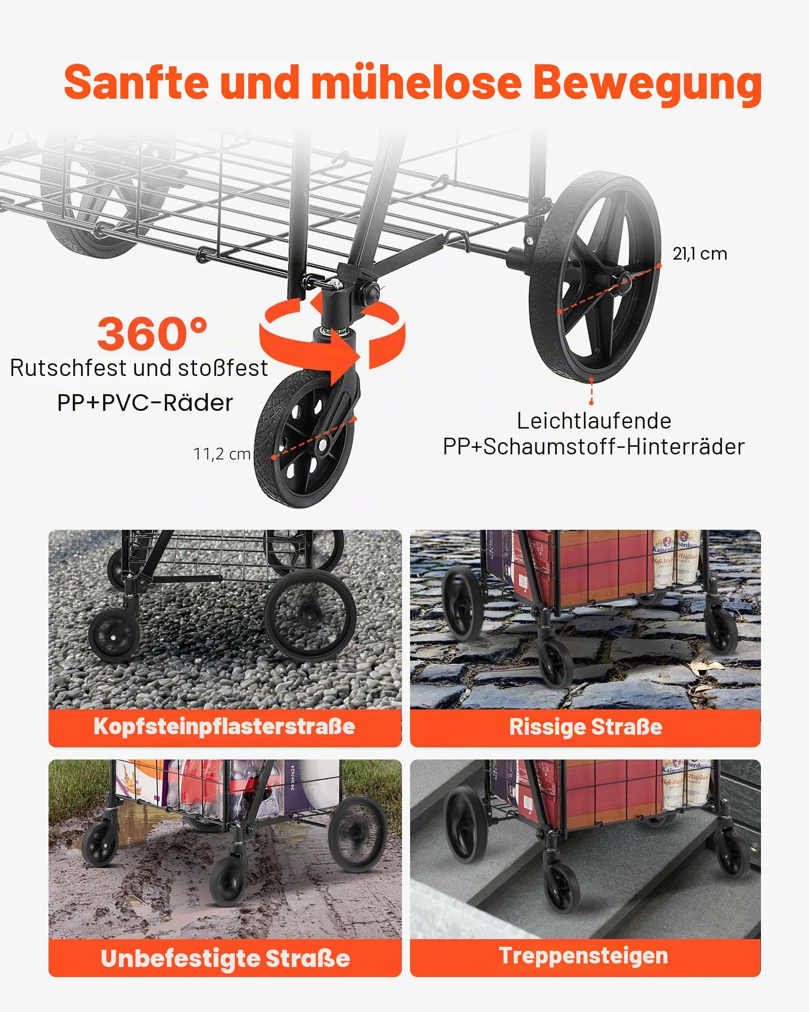 VEVOR Einkaufstrolley Einkaufswagen Klappbar 50 kg Belastbar, Einkaufsroller Handwagen Multifunktional, Shoppingtrolley Faltbar für Wäsche, Lebensmittel, Camping-Werkzeuge usw. | Jumbo-Einkaufswagen, Doppelkörbe, 360° drehbare Räder, 50 kg große Kapazität