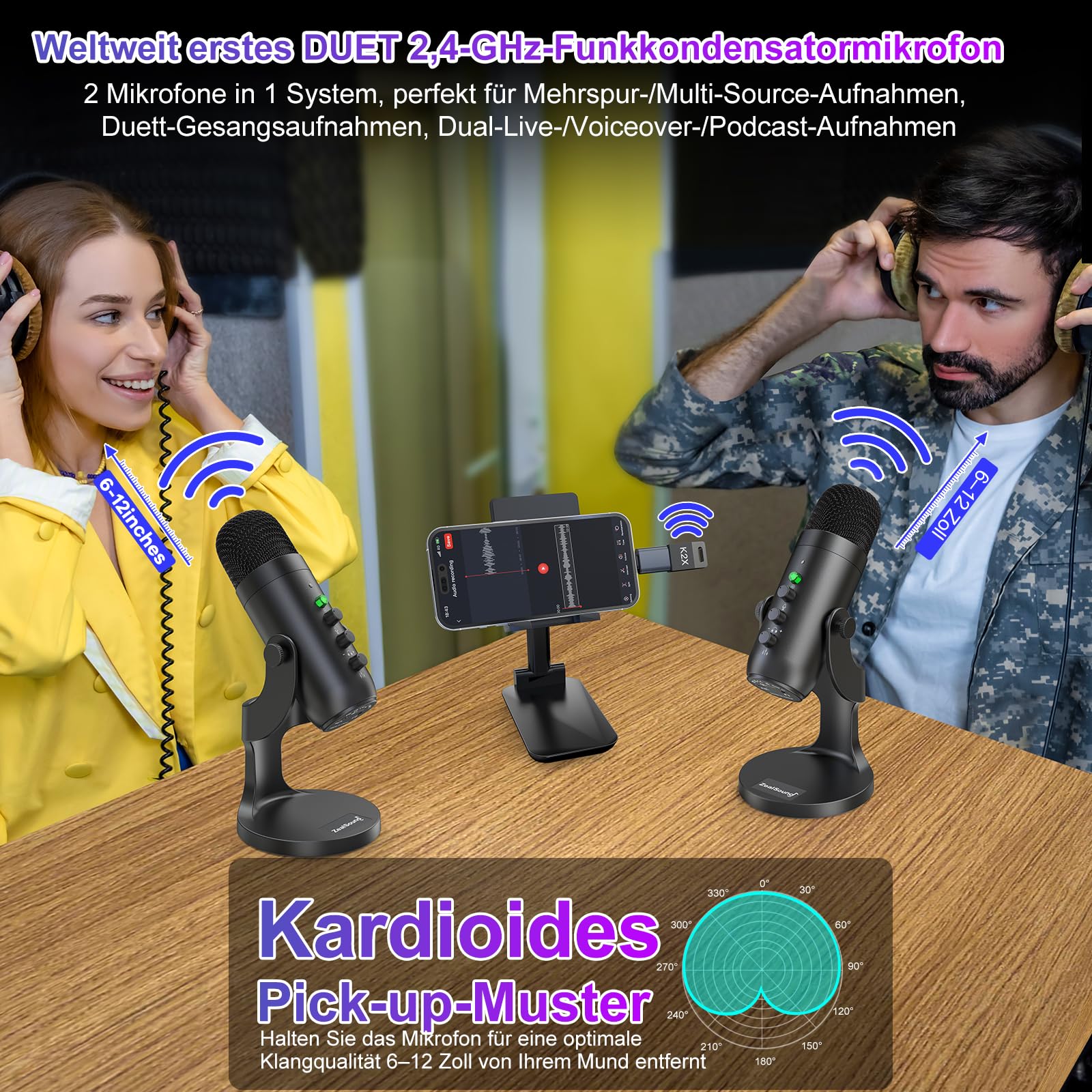 zealsound 2-in-1 Wireless USB Mikrofon für Podcast Interviews, Dual-Live Stream, Aufnahmen, Gaming-Co-Kommentare, YuTuber, Dual 2.4GHz Drahtloses Mikrofone Plug & Play für PC, Handy, iPhone