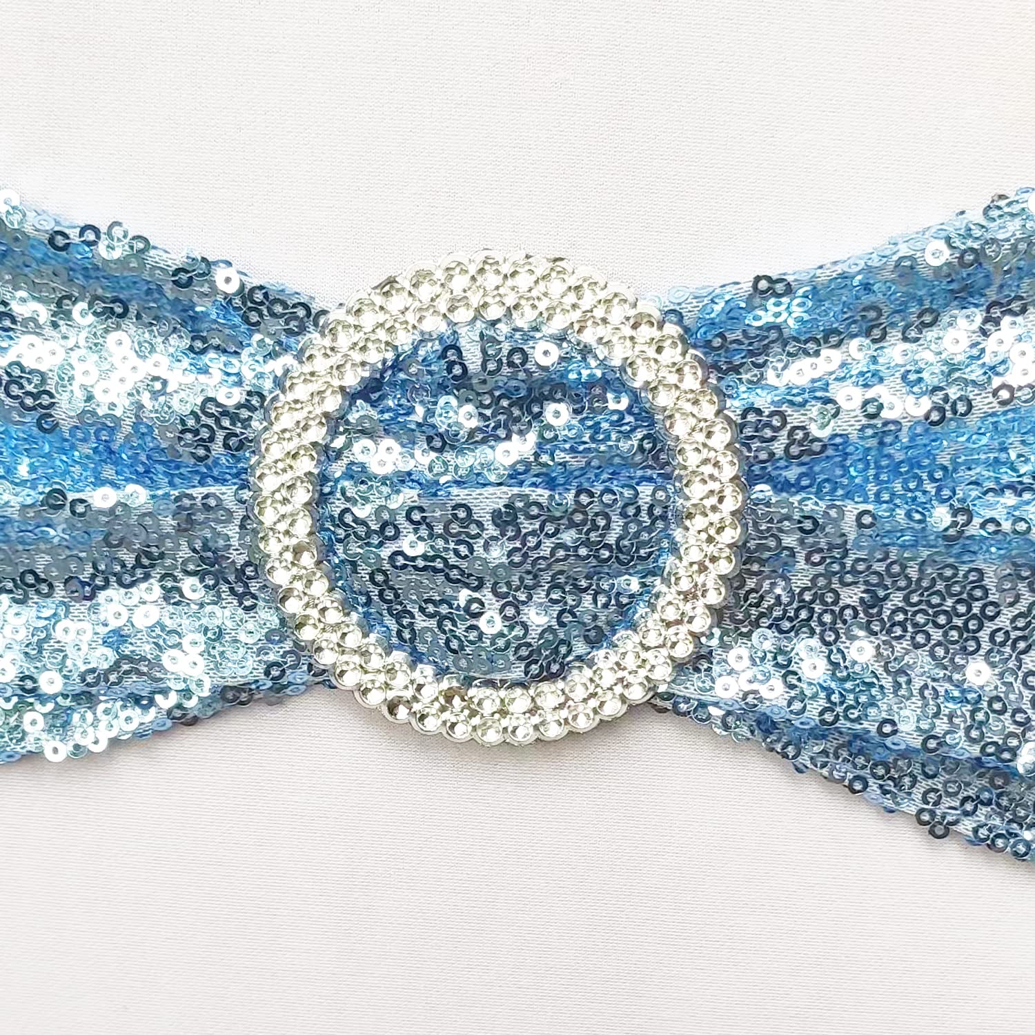 SheYang High Elastic Sequin Chair Sashes Bling Bling Chair Sashes with Buckle Soft Strecth Sequin Material Shining Sequin Chair Bows for Party Decoration Home (Light Blue, 10)