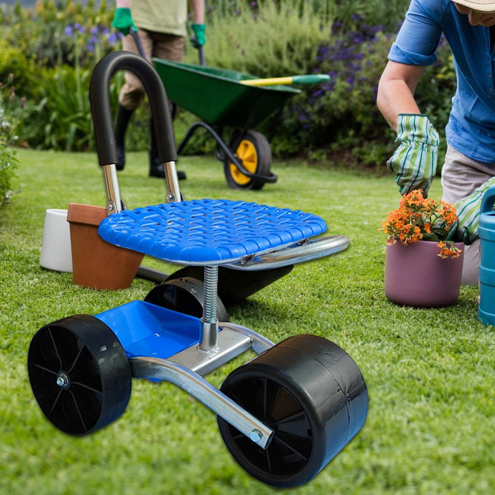 Sgabello per Giardino con Ruote 360° Girevole, Altezza Regolabile | Sedile Per Giardinaggio Rotolante Rotazione 360° per Diserbo all'aperto, Lavori in cortile, Campeggio, Sgabello carrello per