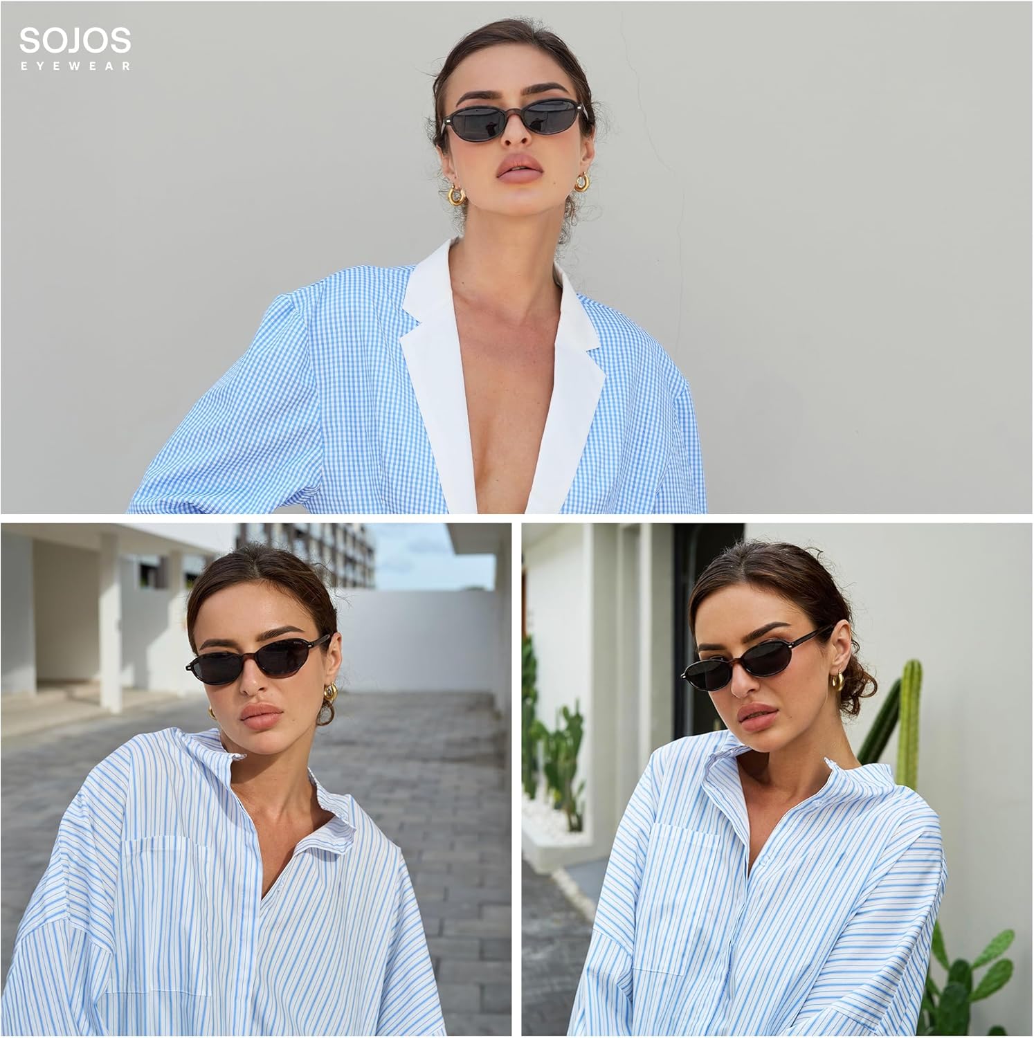 SOJOS Retro Polarized Rectangle Oval Sunglasses for Women Men,Trendy Petite Shades Skinny Rim UV400 Protected SJ2668 - Image 2