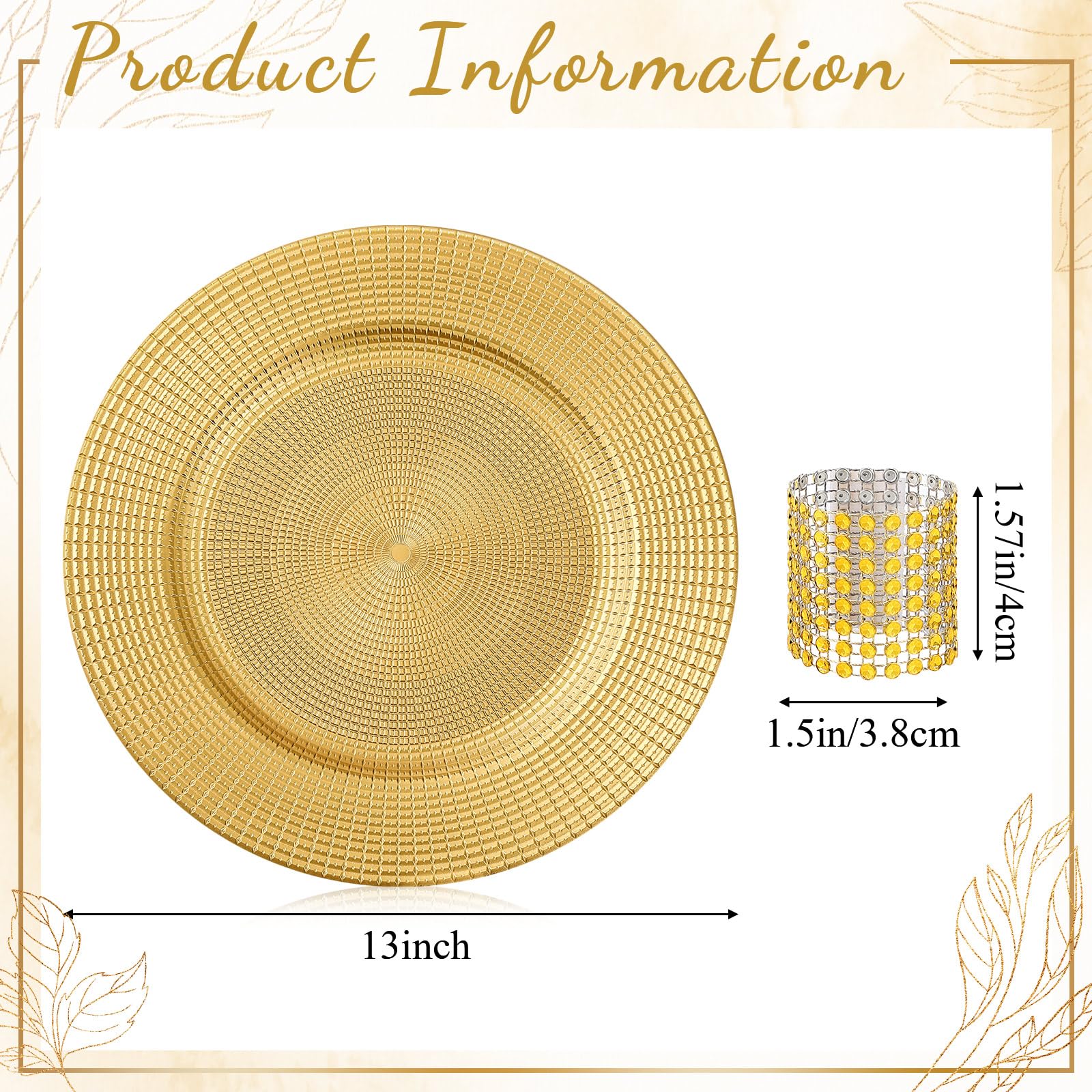 Condition photo showing New/Like New for 100 pieces charger plates bulk with napkin rings,chain style,gold