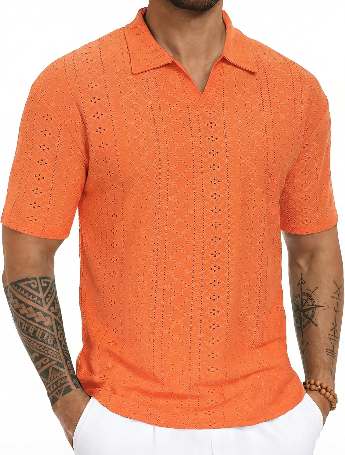 Vssjavun Mens V Neck Polo Shirts Oversized Short Sleeve Hollow Out Top | Buttonless Johnny Collar In Breathable Eyelet Fabric, Relaxed Fit For Casual Wear, Ideal For Going Out & Beach Vacation