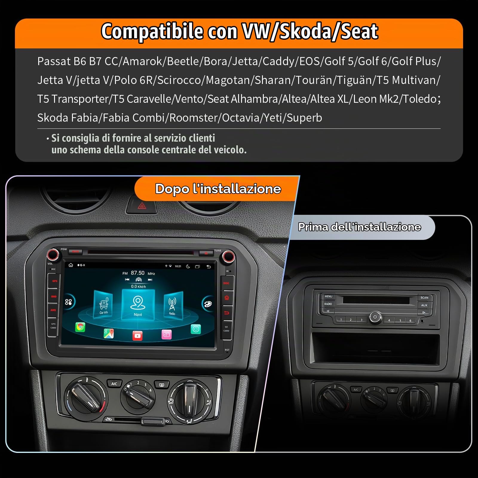 Autoradio 9'' Android 13 per Golf 5/6, VW T5, Polo 6R, 4 GB + 64 GB Wireless CarPlay, Android Auto, DAB integrato, 2 Din, 8 Core, 4G, Navi, BT5.0, WiFi, USB, FM, TPMS, OBD2, controllo vocale