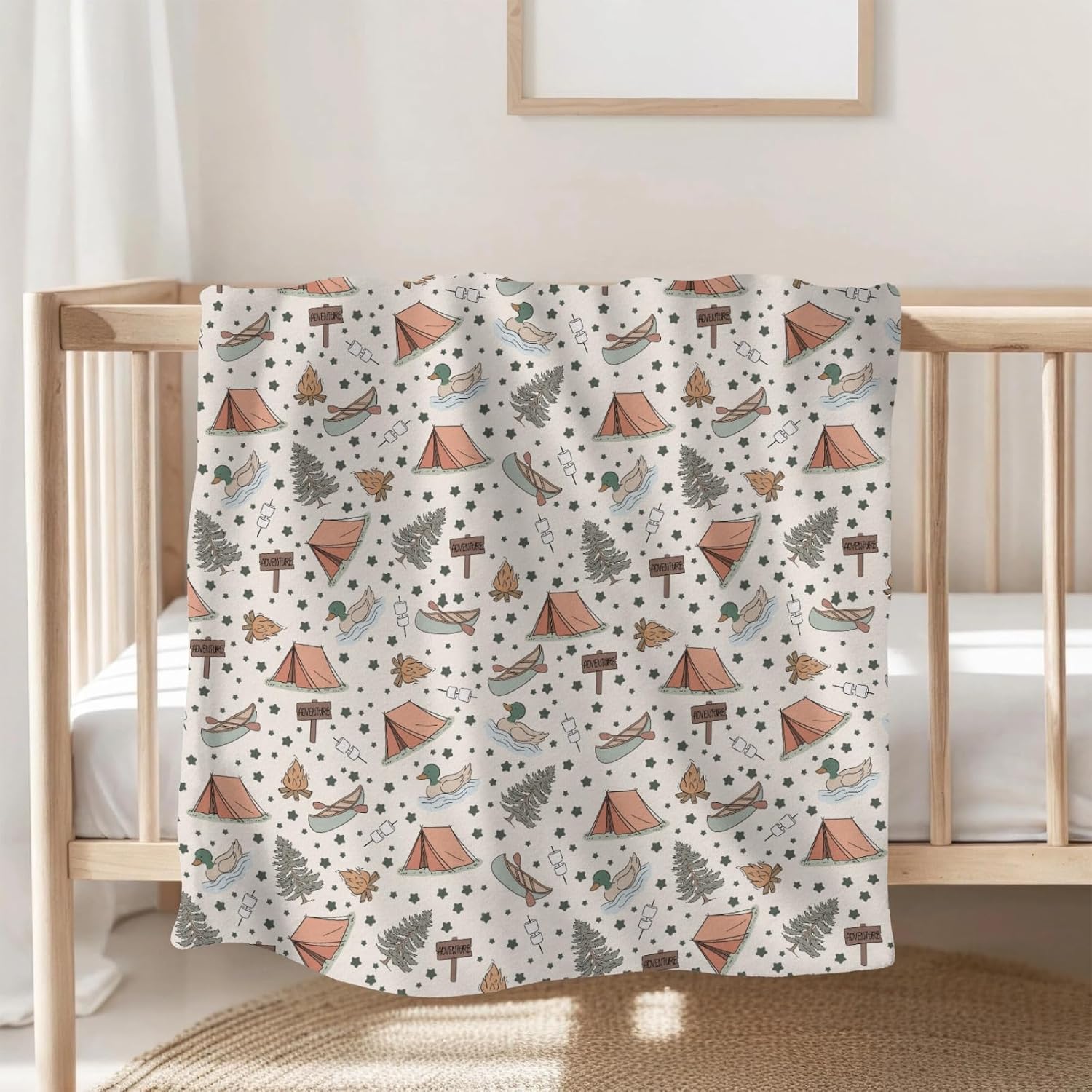 Retro Camping Adventure Baby Blankets for Girl Boy Infant Newborn Toddler Nursery Crib Camp Mallard Ducks Lake Trees Stars Swaddle Receiving Blankets Summer Camp Outdoor Bed Blanket 40x50inch