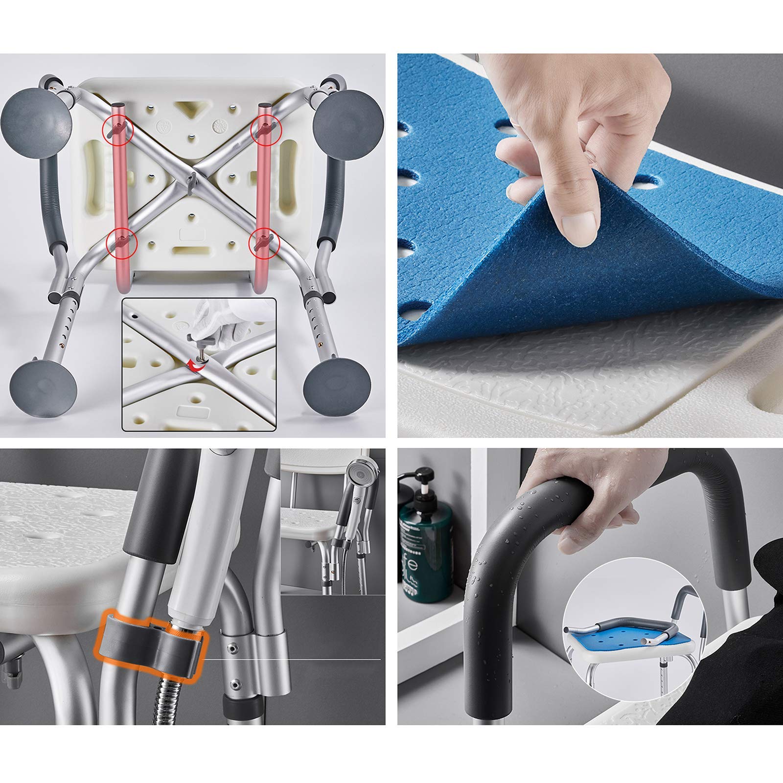 Silla de ducha para ancianos, asiento de altura ajustable resistente con brazos, respaldo y seguridad antideslizante, capacidad de carga de 150 kg, ayuda a personas mayores y discapacitados, taburete