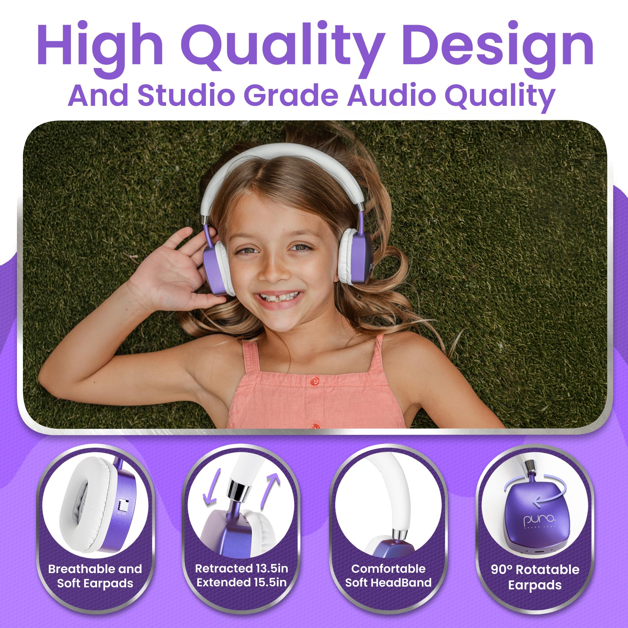 Puro Sound Labs PuroQuiet Plus - Auriculares Bluetooth supraaurales con cancelación activa de ruido, ligeros para niños con micrófono integrado, sonido más seguro, calidad de grado de estudio (morado)
