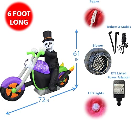 Miniatura 2 de Esqueleto inflable de Halloween de 6 pies de largo para montar en motocicleta, luces LED, decoración al aire libre e interior, decoración de patio,