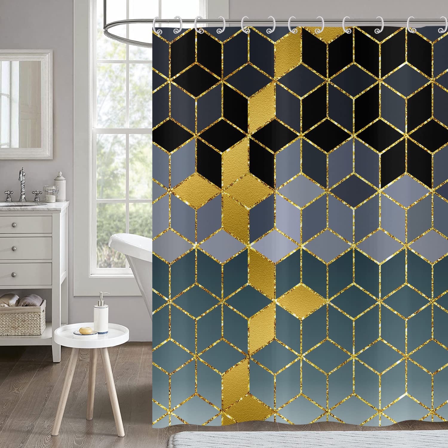 Hnmdmyi Marble Shower Curtain 90x180, Black Grey Green Ombre Shower Curtains Grid Geometric Glitter Abstract Modern Luxury Art Bathroom Curtains Waterproof Polyester Fabric Washable Bath Curtains — image 1