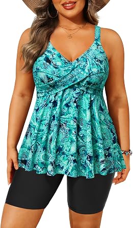 Plus Size Tankini with Shorts - Two Piece Swimsuit Tummy Control Bathing Suit Flowy Swimwear 2026