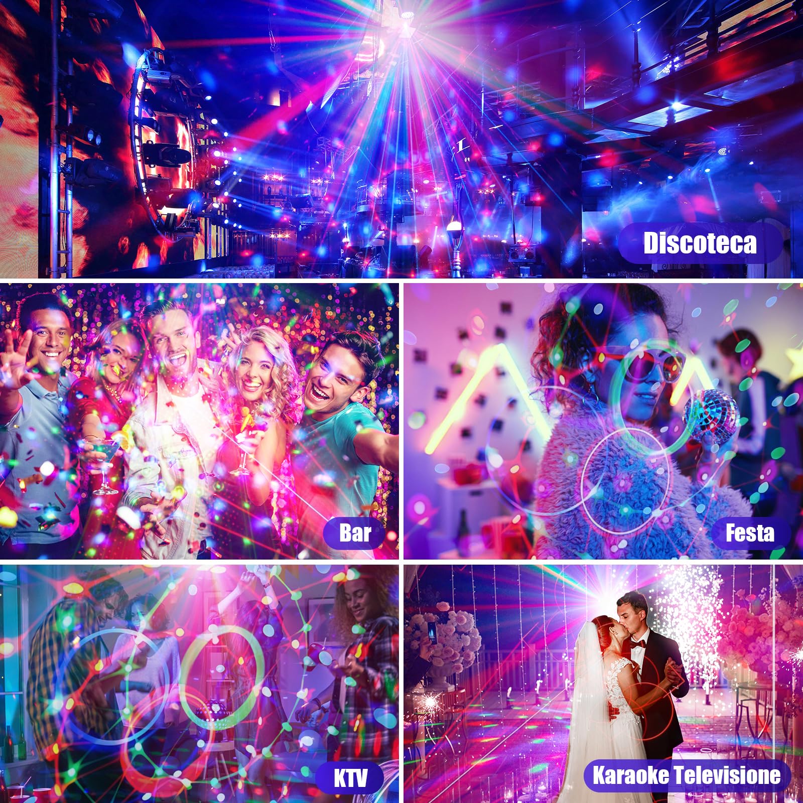 Luci da Discoteca per Feste, Palla Disco Rotante 360° + Luci Palco con Controllo Musicale, Luce Discoteca RGB con Telecomando per Party, Compleanno, Karaoke, Natale, Halloween (2 Pezzi)