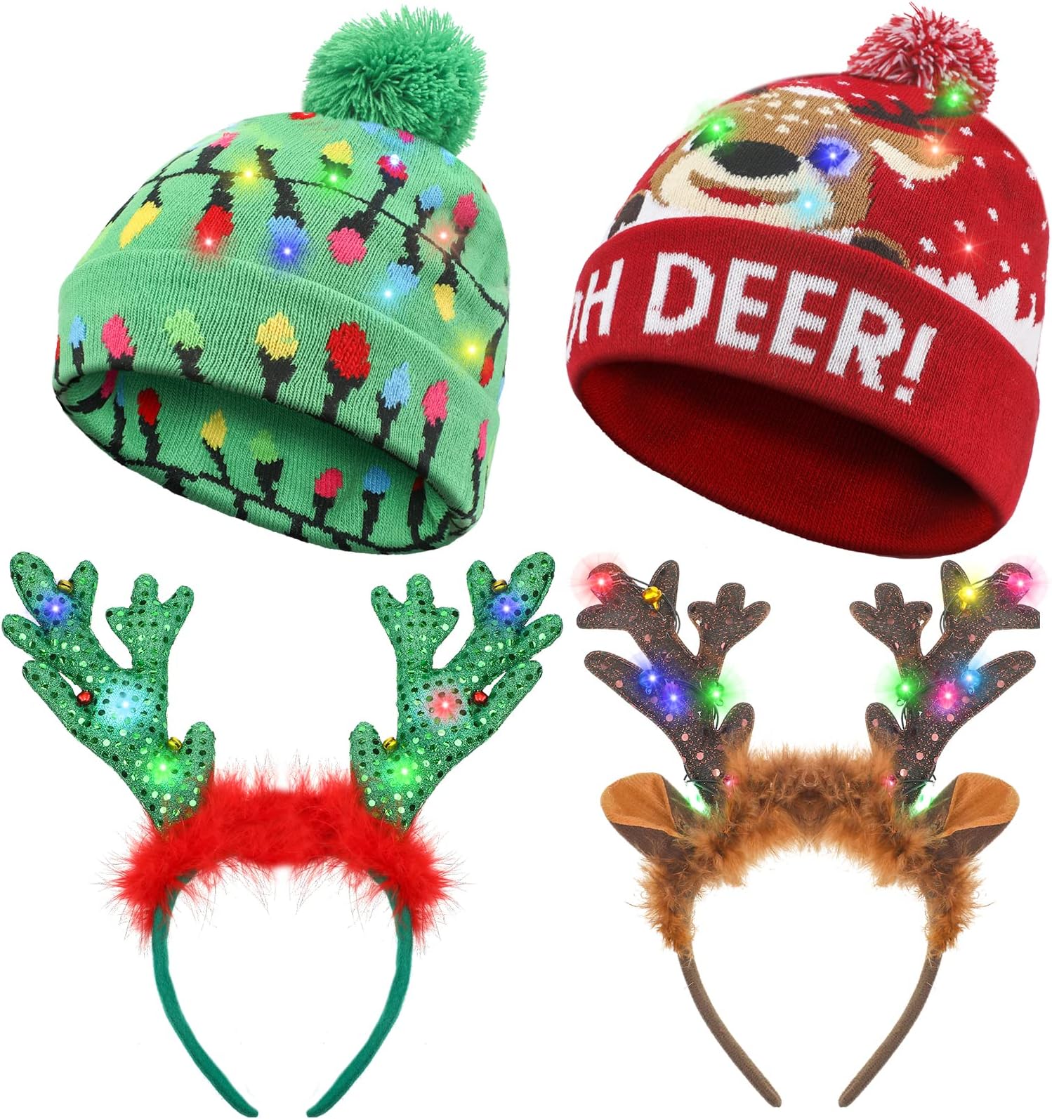 2 Pcs LED Light up Christmas Hat and 2 Pcs Light up Reindeer Antlers Headband, Unisex Knitted Beanie Holiday Hat Reindeer Headbands with LED for Party