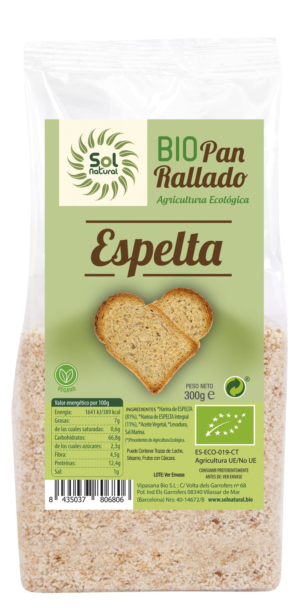 SOLNATURAL Pan Rallado de Espelta - Paquete de 6 x 300 gr - Total: 1800 gr