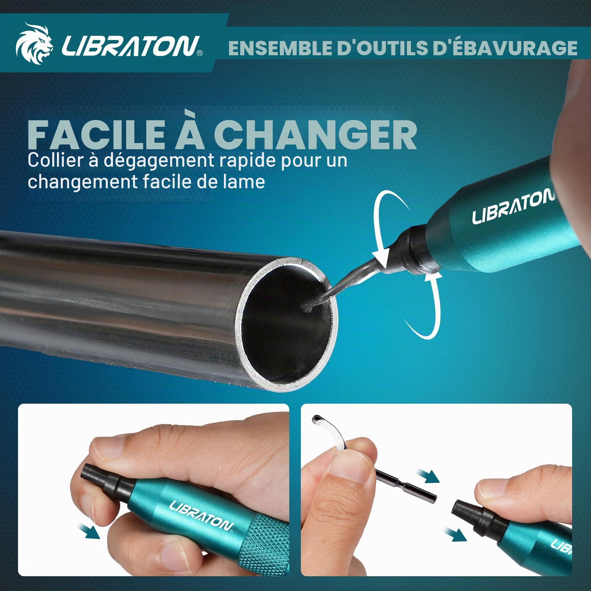 LIBRATON Ebavureur, Outil D'ébavurage Manuel, Alésoir Manuel Rotatif à 360° | avec 10 Lames HSS, pour Métal, Résine, PVC, Plastique, Cuivre, Imprimante 3d, Bois – Outil d'ébavurage et Finition Bord