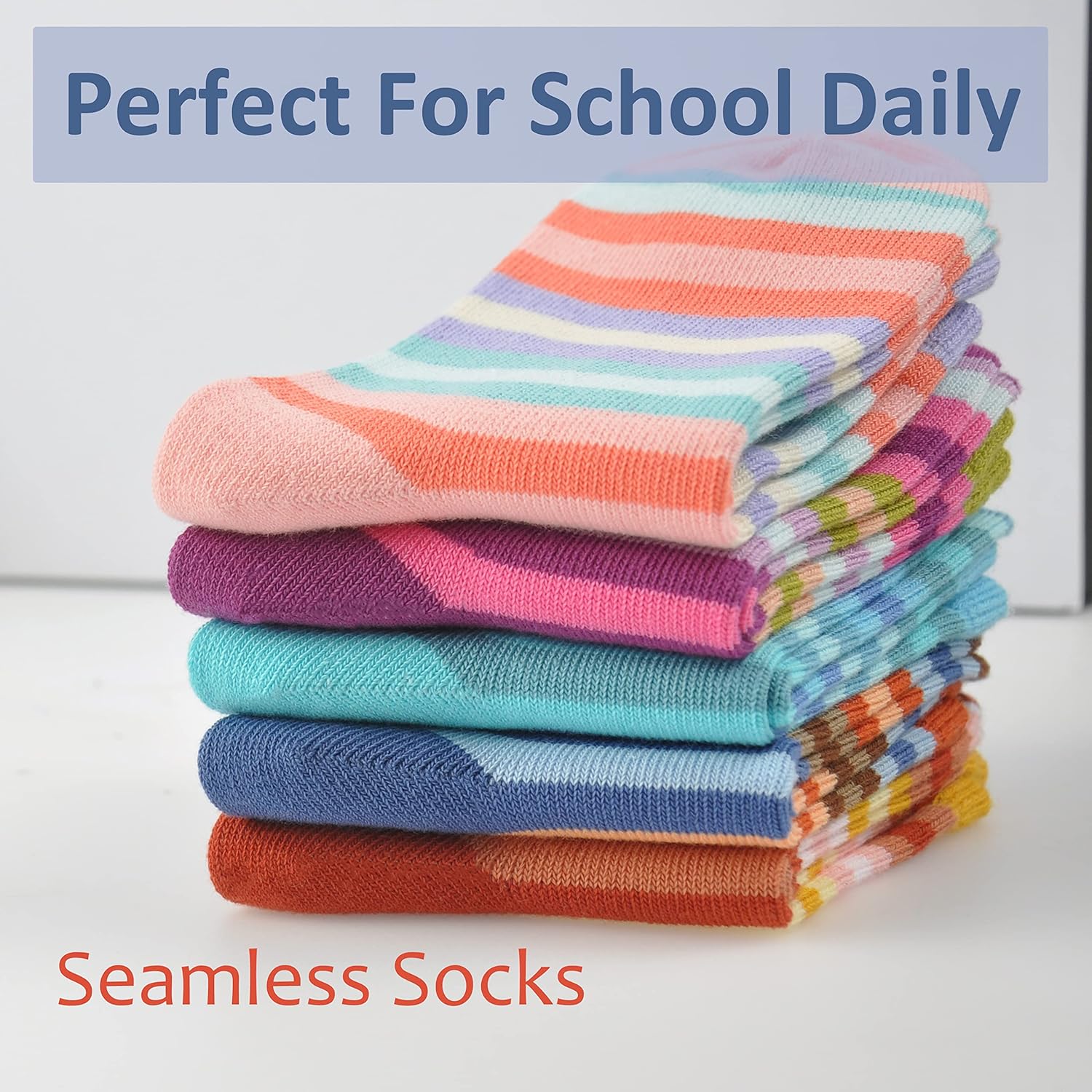 Marchare Girls Cotton Crew Socks Kids Casual Socks School Socks Rainbow Stripes 5 Pack - Image 7