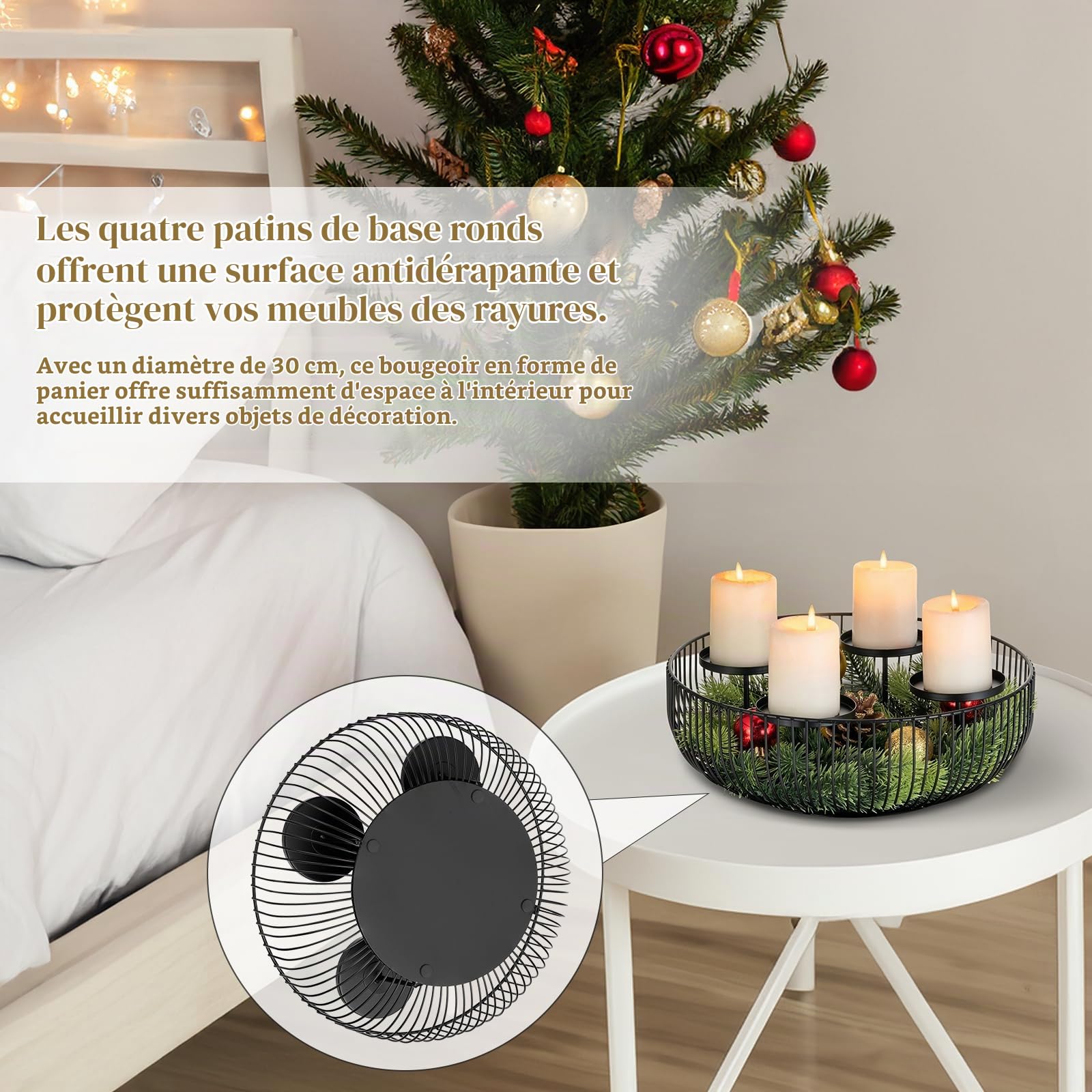 Sziqiqi Bougeoir Couronne Avent Métal, Moderne Arrangement de l'Avent Noir Support de Bougie de Avent pour 4 Bougies Piliers, Candélabres Ronde pour Décoration de Noël Avent