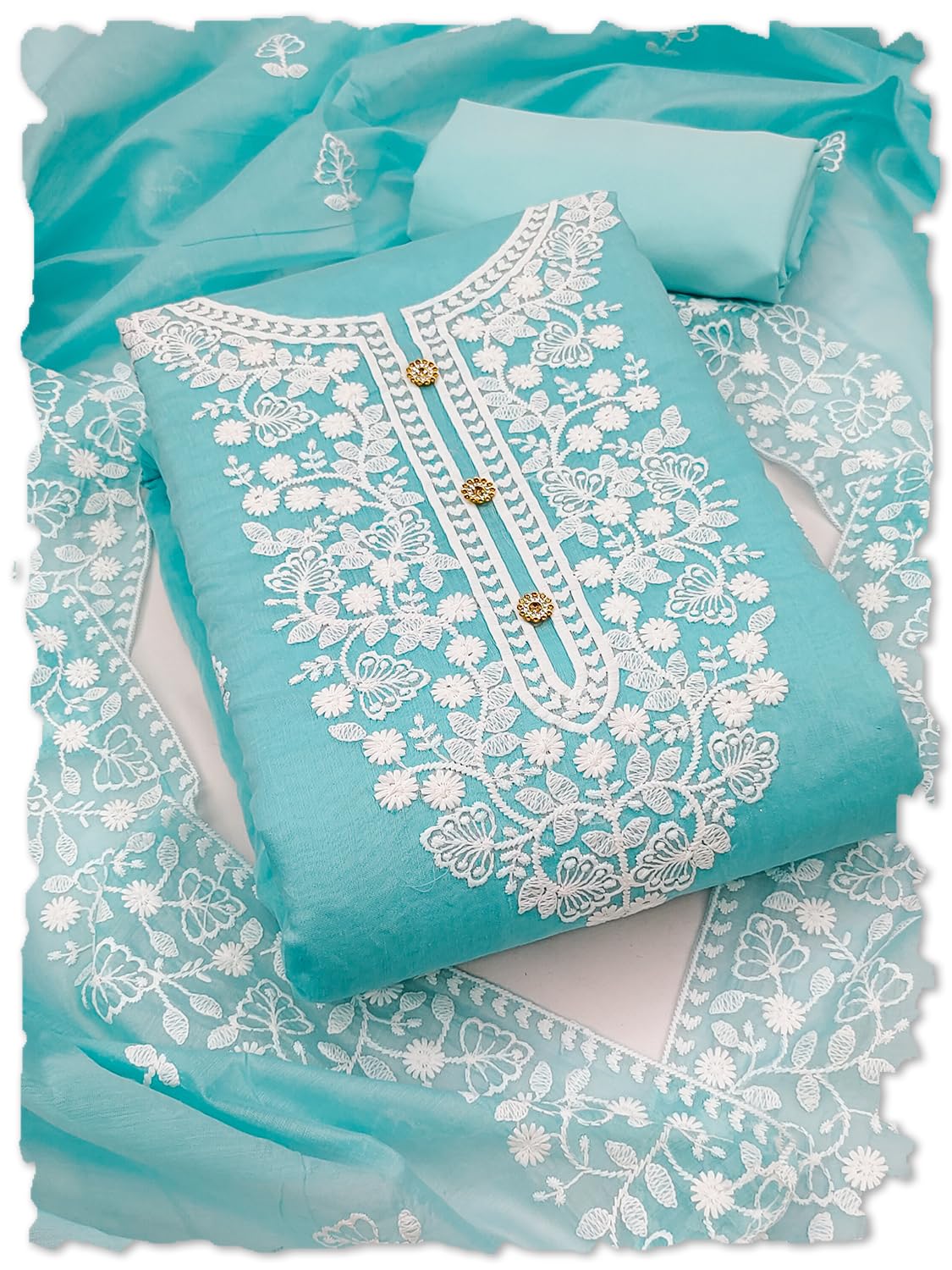 Women's Chanderi Cotton White Embroidered Lucknowi Chikankari Style Salwar Suit Dress Material With Chanderi Cotton Dupatta-image-16