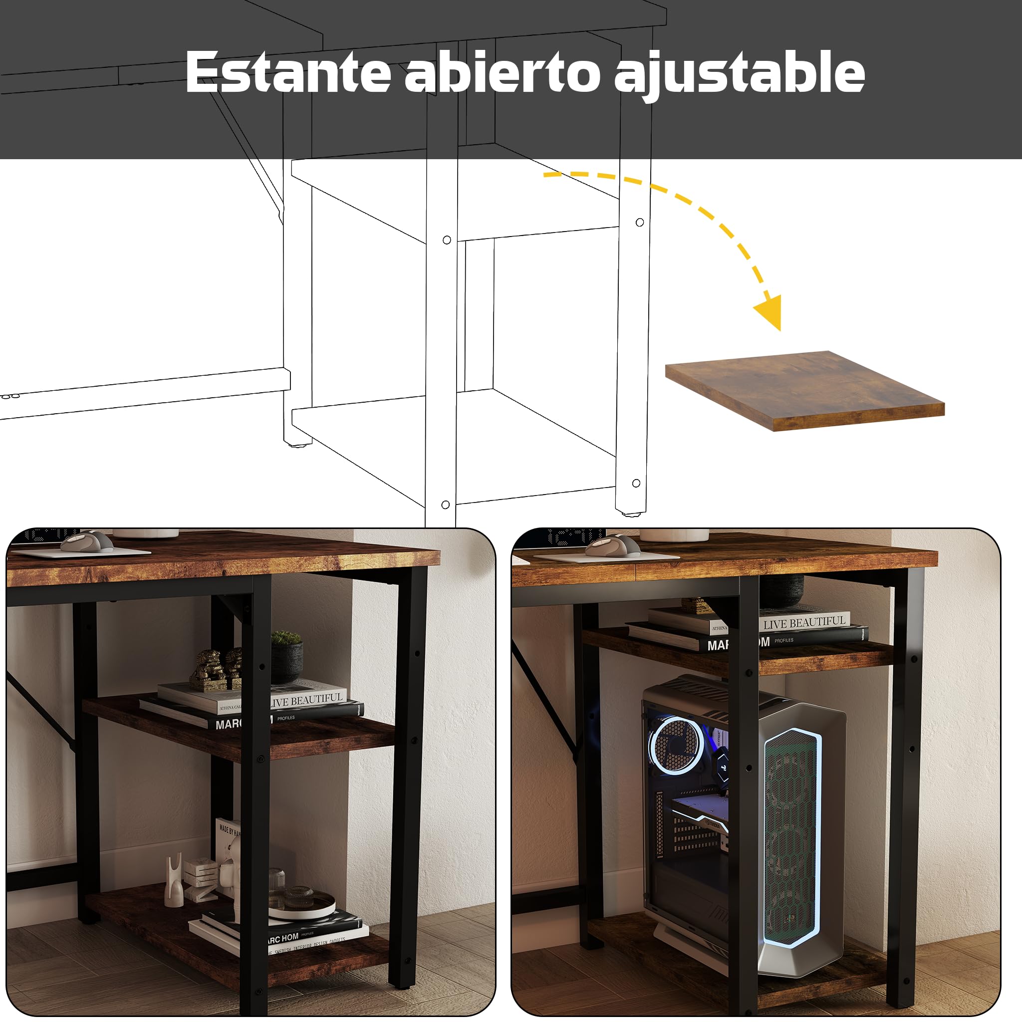 Airfish Mesa Escritorio, Escritorio Ordenador con Estanteria, Mesa de Juego, 120x50x75cm, con Estante Organizador, Gancho para Auriculares, para Oficina, Dormitorio, Sala de Estudio Marrón