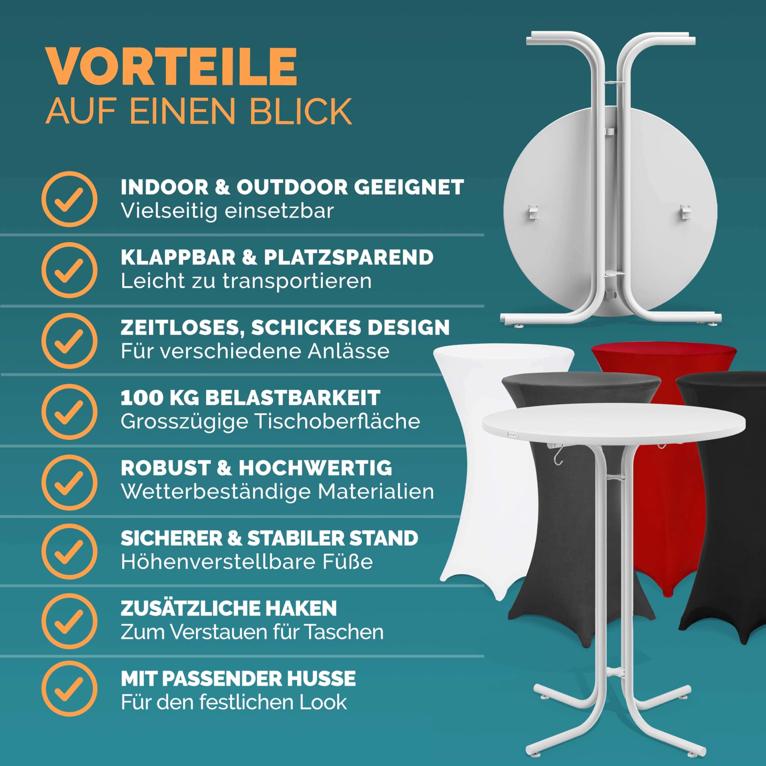 Casaria® Table Haute Pliable Blanche avec Housse Grise Mange Debout 110 cm Bar bistrot Jardin 2 Crochets Inclus