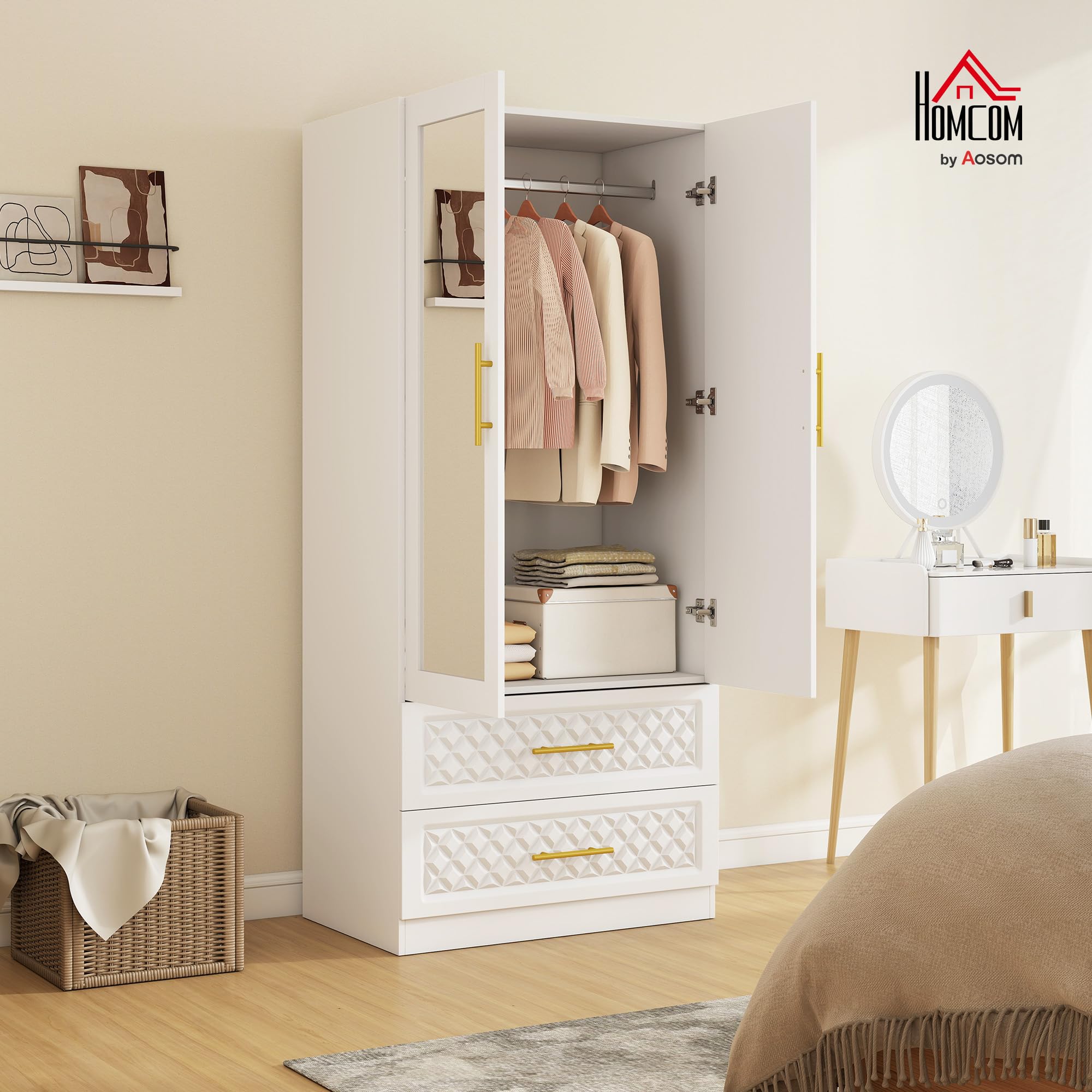 HOMCOM Armadio camera da letto armadio con specchio a 2 ante 80 x 50 x 180 cm, bianco | 2 Cassetti, Barra di Sospensione, Armadio per Abbigliamento, Spogliatoio, Stile Moderno