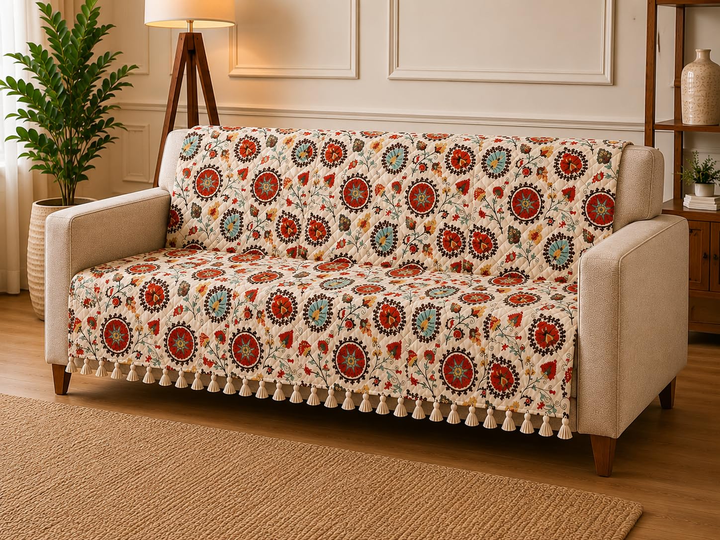 Red Floral Sofa Cover - Velvet Quilted Protection -2 Red Floral Sofa Cover - Velvet Quilted Protection -2