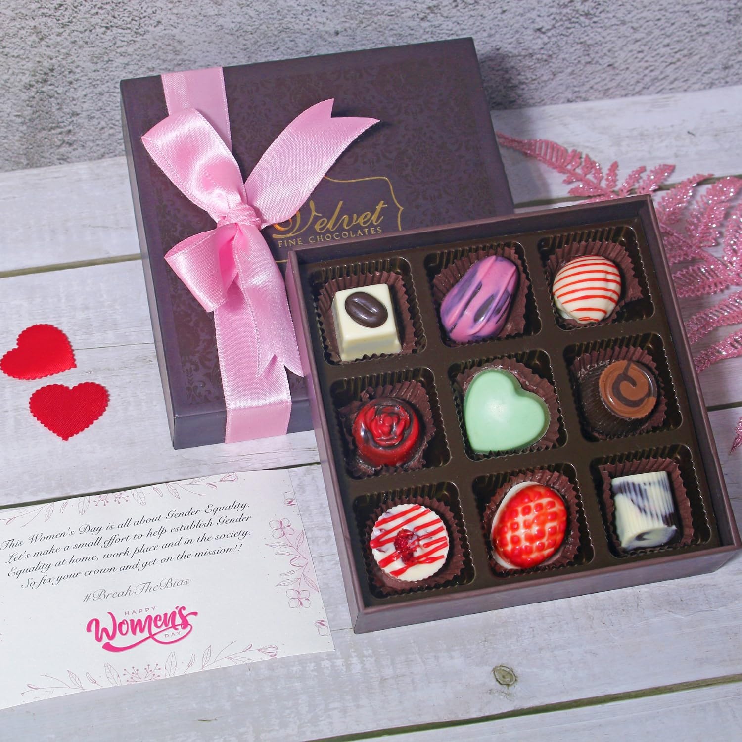 Velvet Fine Chocolates Gift Hamper 9 Assorted Chocolates (Coffee Filling, Strawberry Filling, Rose Filling, Hazelnut, Cranberry, Butterscotch, etc)