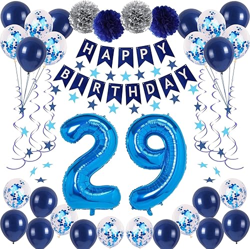 Decoraciones de fiesta de cumpleaños azul número 29 para hombres y mujeres, suministros de globos de feliz cumpleaños 29 con pancarta de feliz