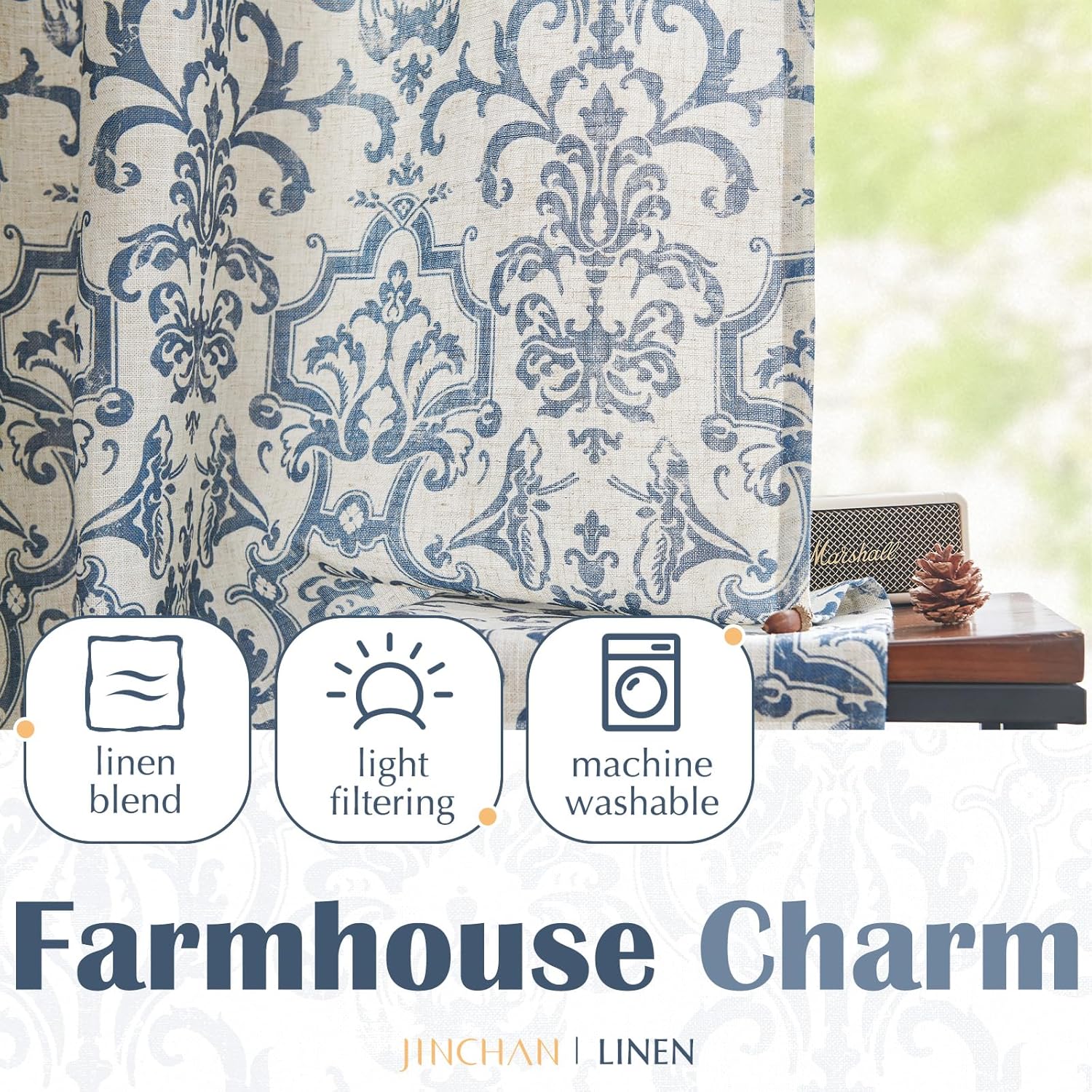 jinchan Linen Tie Up Valance for Flax Floral Drapes Vintage Farmhouse Medallion Window Treatments Light Filtering Curtain for Living Room Laundry Cafe Rod Pocket 1 Panel 54 Inch Slate Blue
