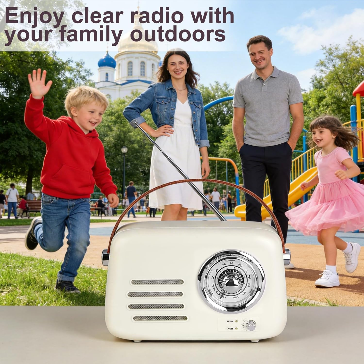 Vintage Bluetooth Speaker with FM Radio - Portable Wireless Boom Box, Over 20 Hours Battery Life Retro Radio (Bluetooth/FM/AUX/USB), Rich Bass, for Home, Office, Camping & Gifts (Beige)